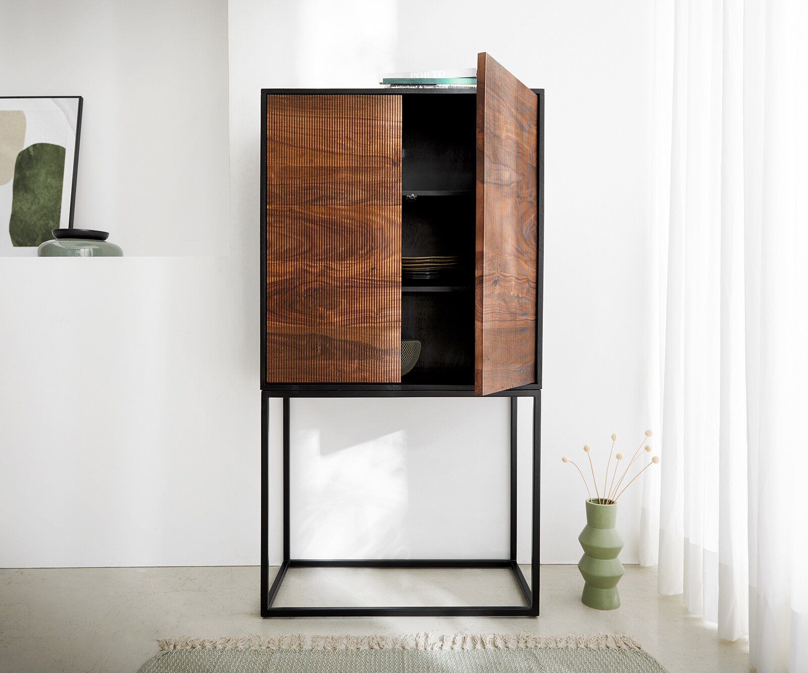 Висок шкаф 80x150 cm Шийшам Натурал Манго Черен Метал Черен 2 Врати Vaag 4 Висок шкаф 80x150 cm Шийшам Натурал Манго Черен Метал Черен 2 Врати Vaag 4