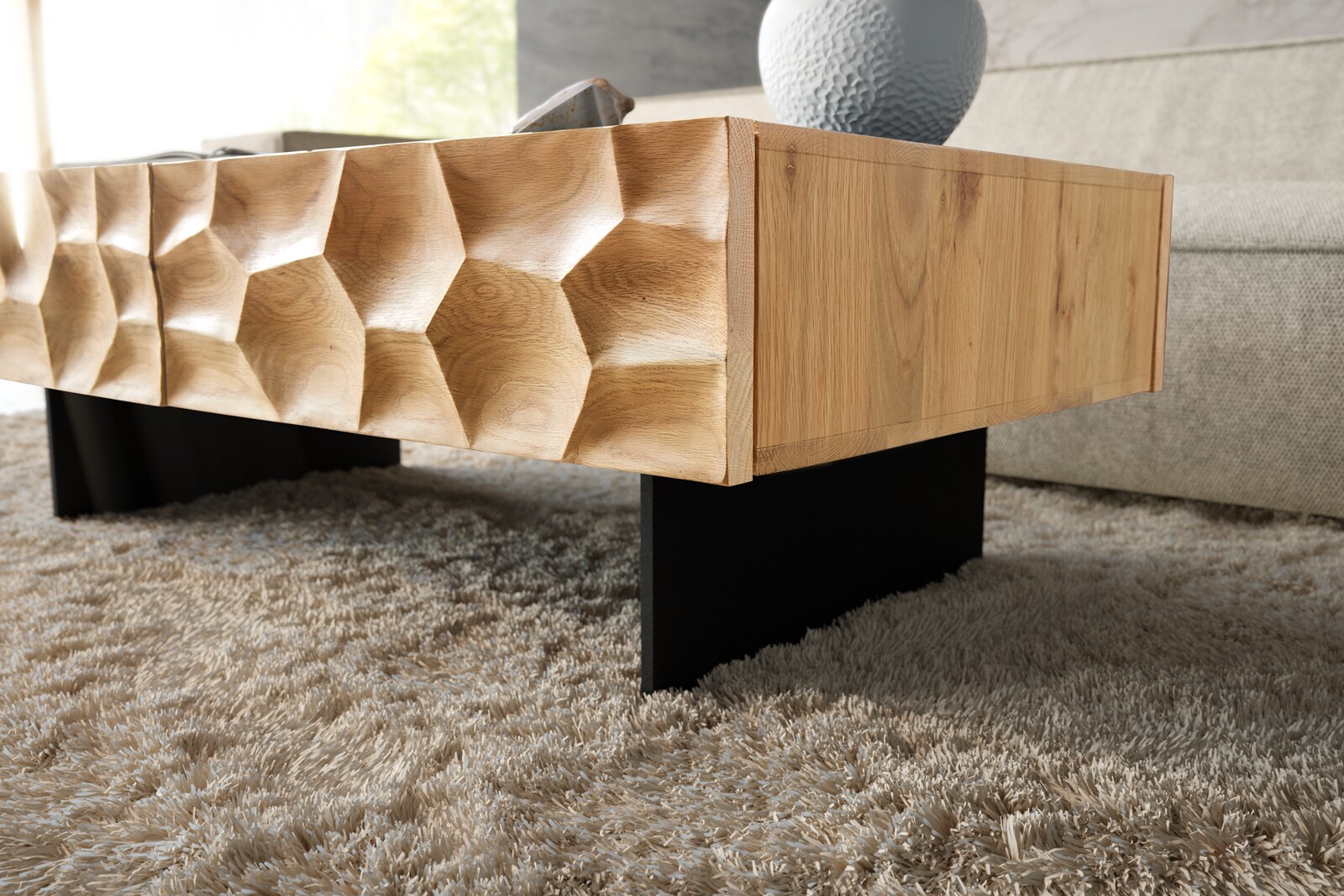 Холна маса 120x70 cm Дъб Натурал 4 Чекмеджета плаващ крак Метал Черен 3D-Front Solu 4