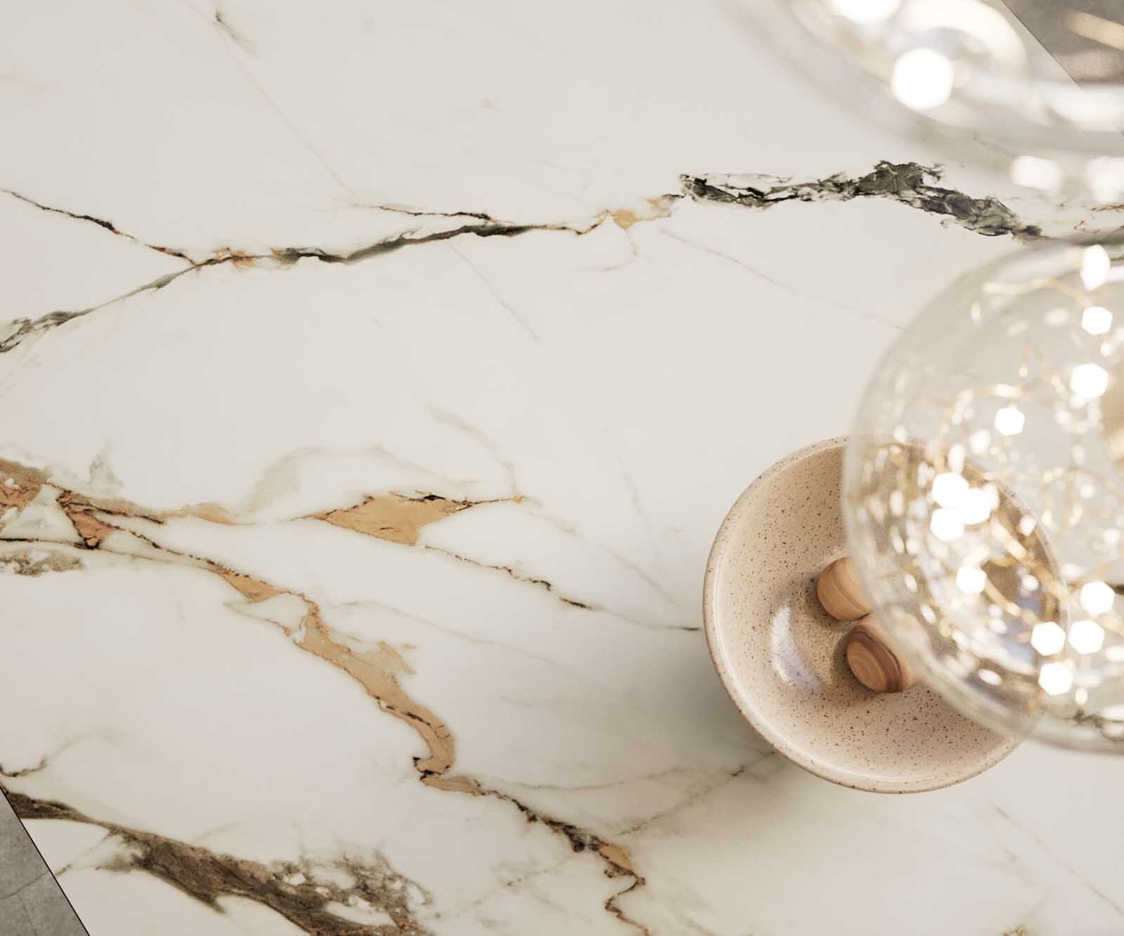 Маса 200-300x100 Keramik Calacatta Luxe Бял-Злато-Сив Wave Неръждаема стомана разтегателна Edge 2