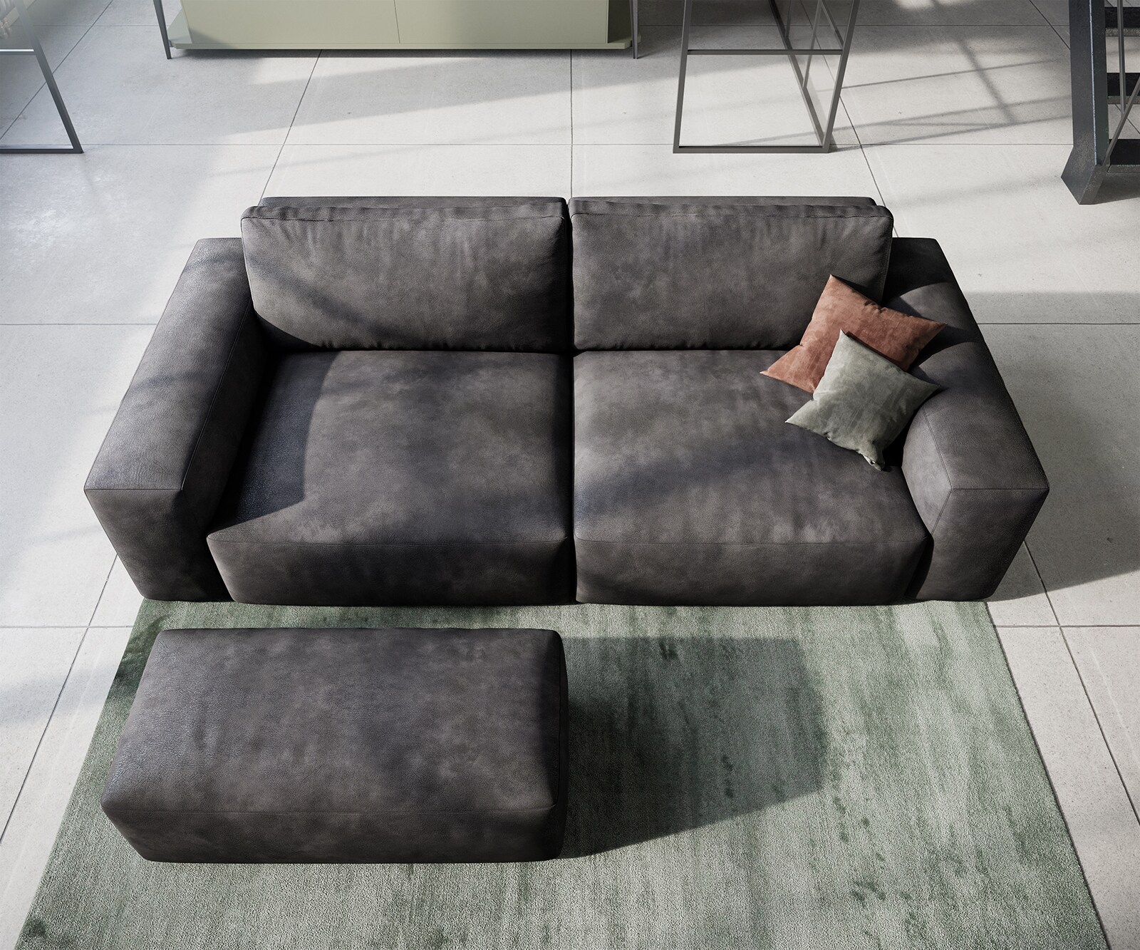 Голям диван L 260x110 cm Имитация на кожа Винтидж Антрацит с табуретка Lanzo 4