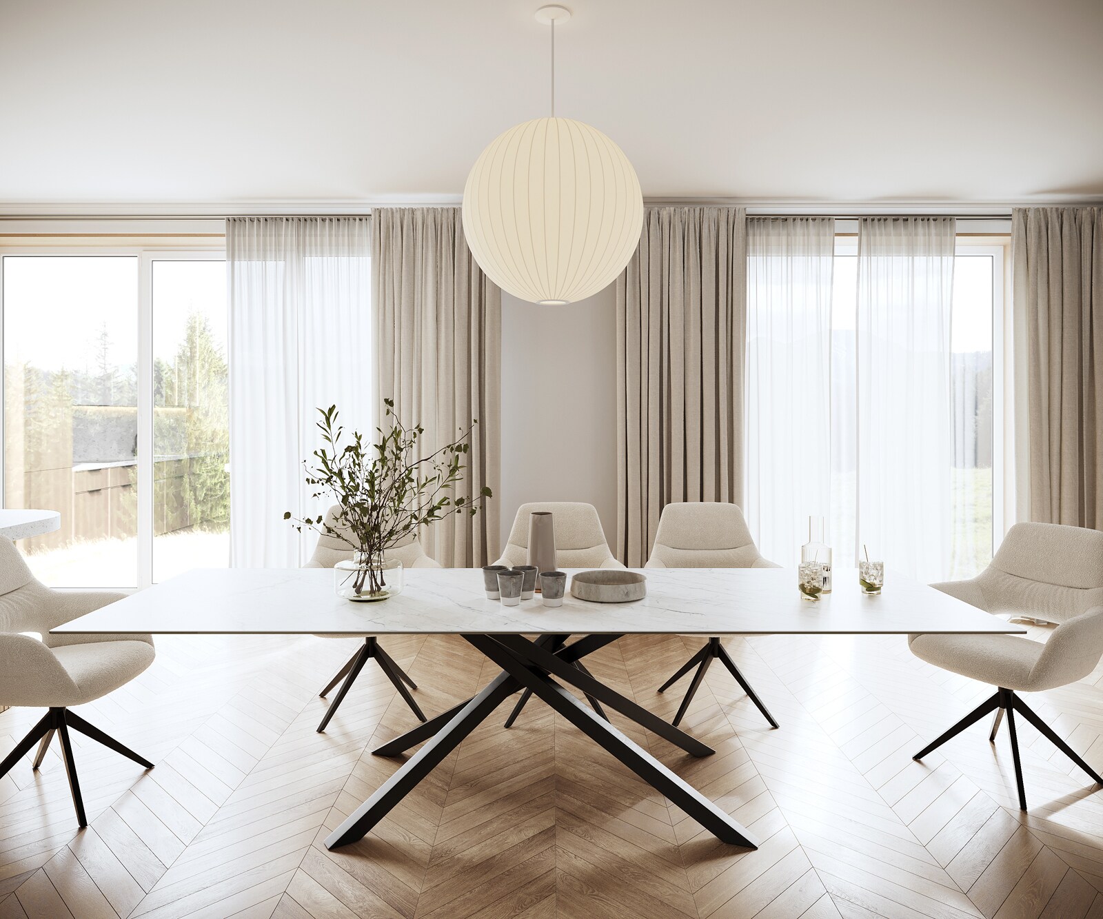 Маса 300x100cmKeramik Laminam®Statuarietto Бял среден крак Кръст Черен Edge 2