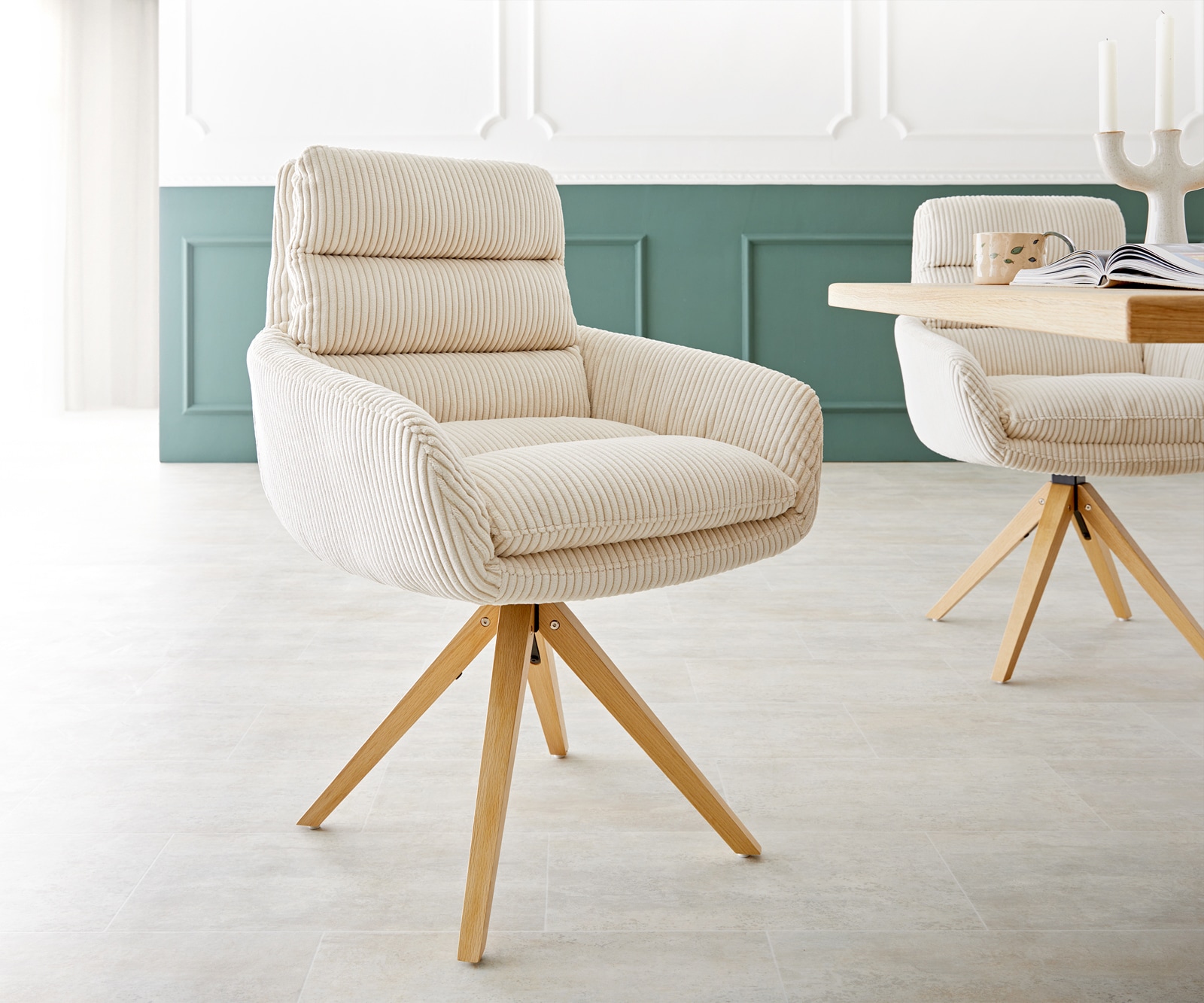 Врътящ се стол с подлакътници Корд Бежов Дървена рамка  180° въртящ се Abelia-Flex Врътящ се стол с подлакътници Корд Бежов Дървена рамка  180° въртящ се Abelia-Flex