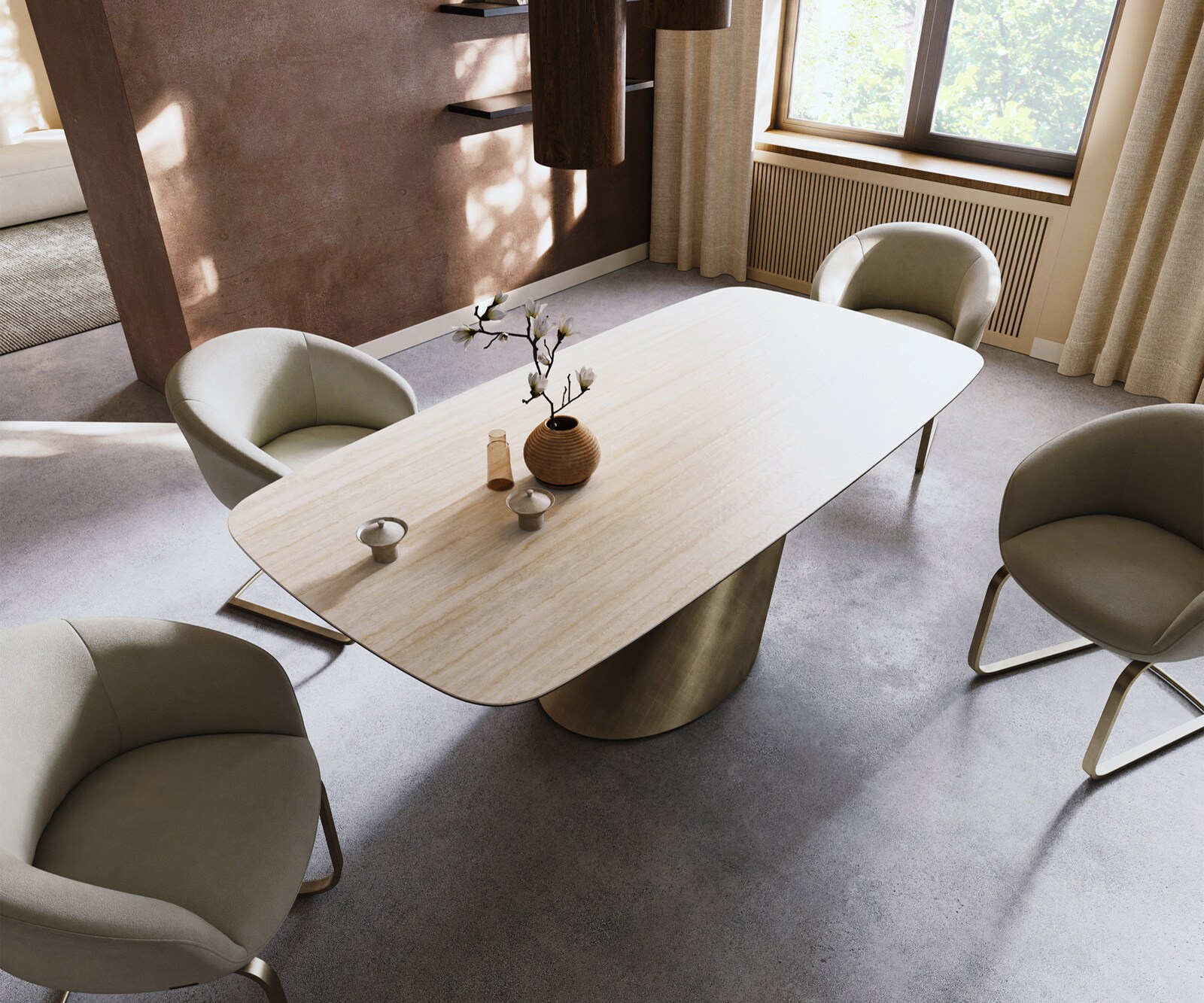 Трапезна маса Edge Boot 200x100 Керамичен ламинат® Travertino Bianco Крем-бяло Cono Metallic Gold 4