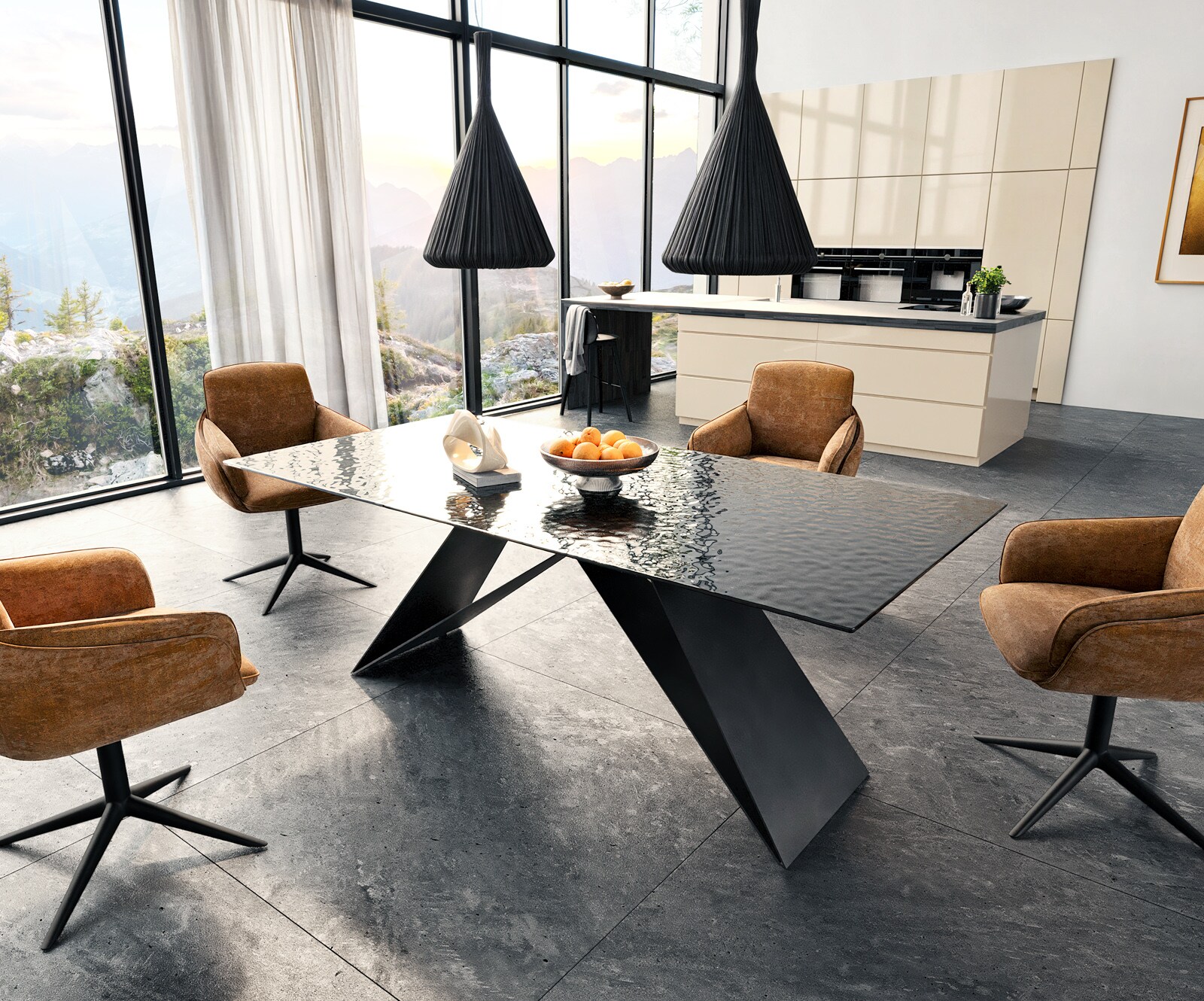 Трапезна маса Edge 200x100 Relief стъкло опушено черно 3D дизайн V-образна рамка плоска стомана черна 5