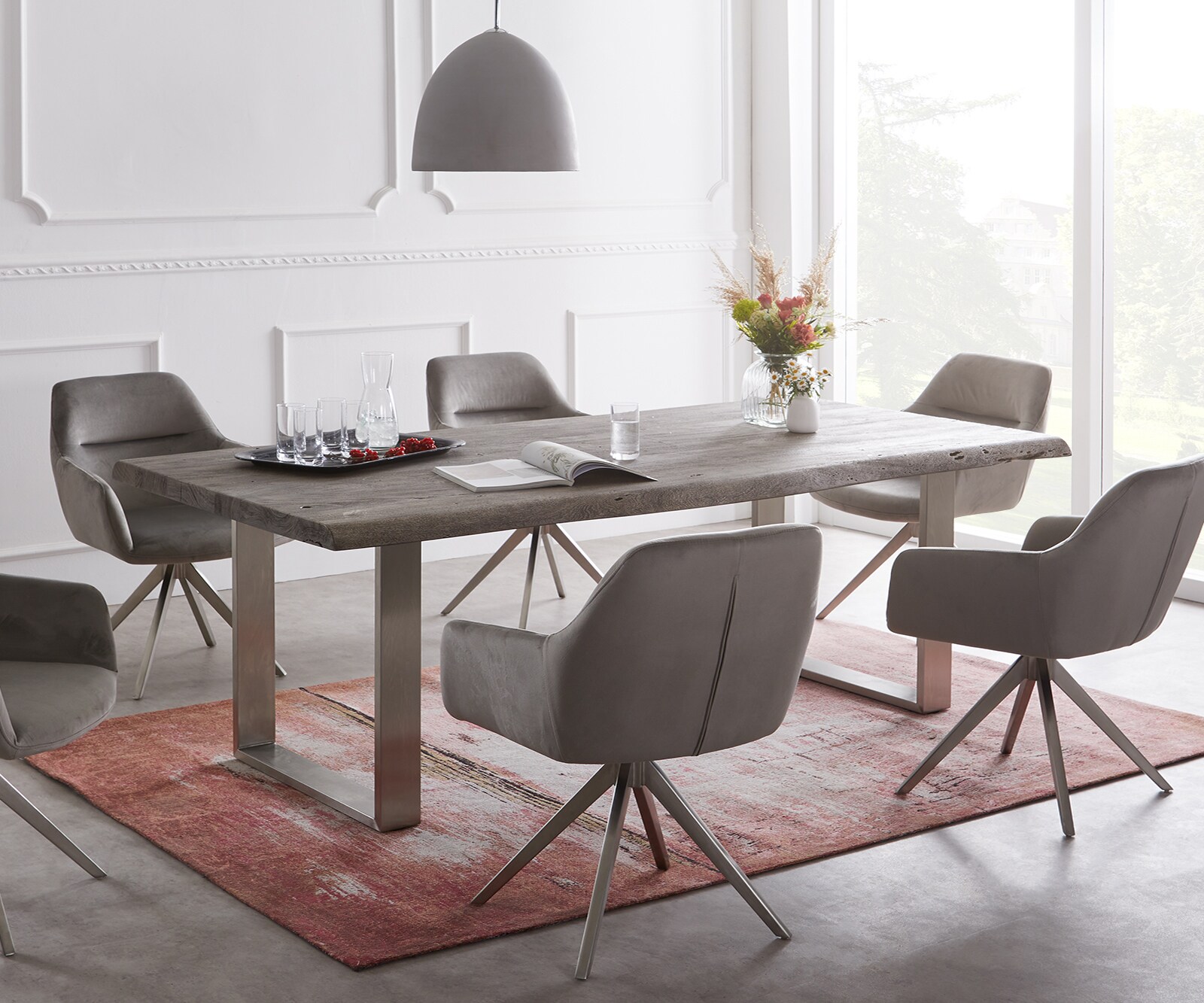 Трапезна маса Edge 200x100 XL Масив акация, платинен неръждаем стоманен профил, тясна, с естествени ръбове
