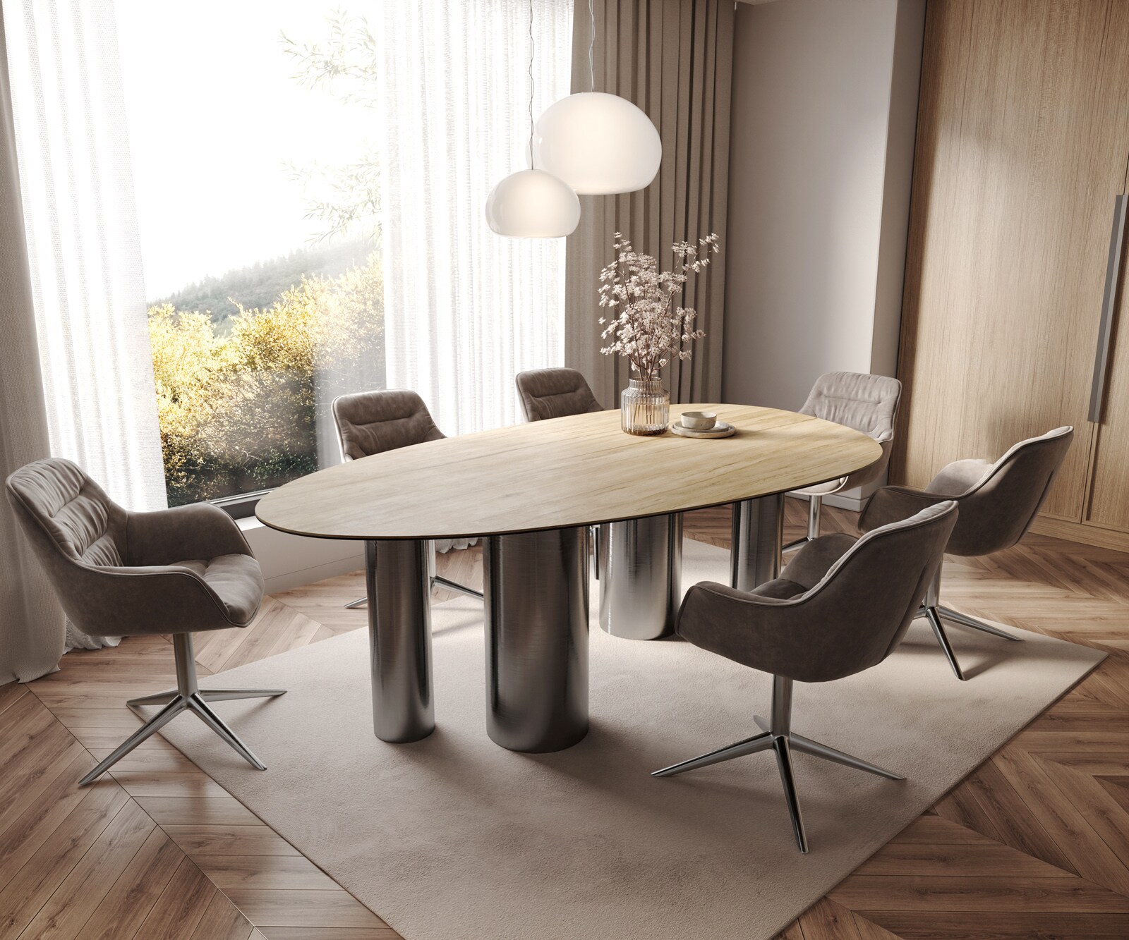 Трапезна маса Edge Oval 220x120 Керамичен ламинат® Sabbia Дъбов цвят Pilier Неръждаема стомана Графит 6