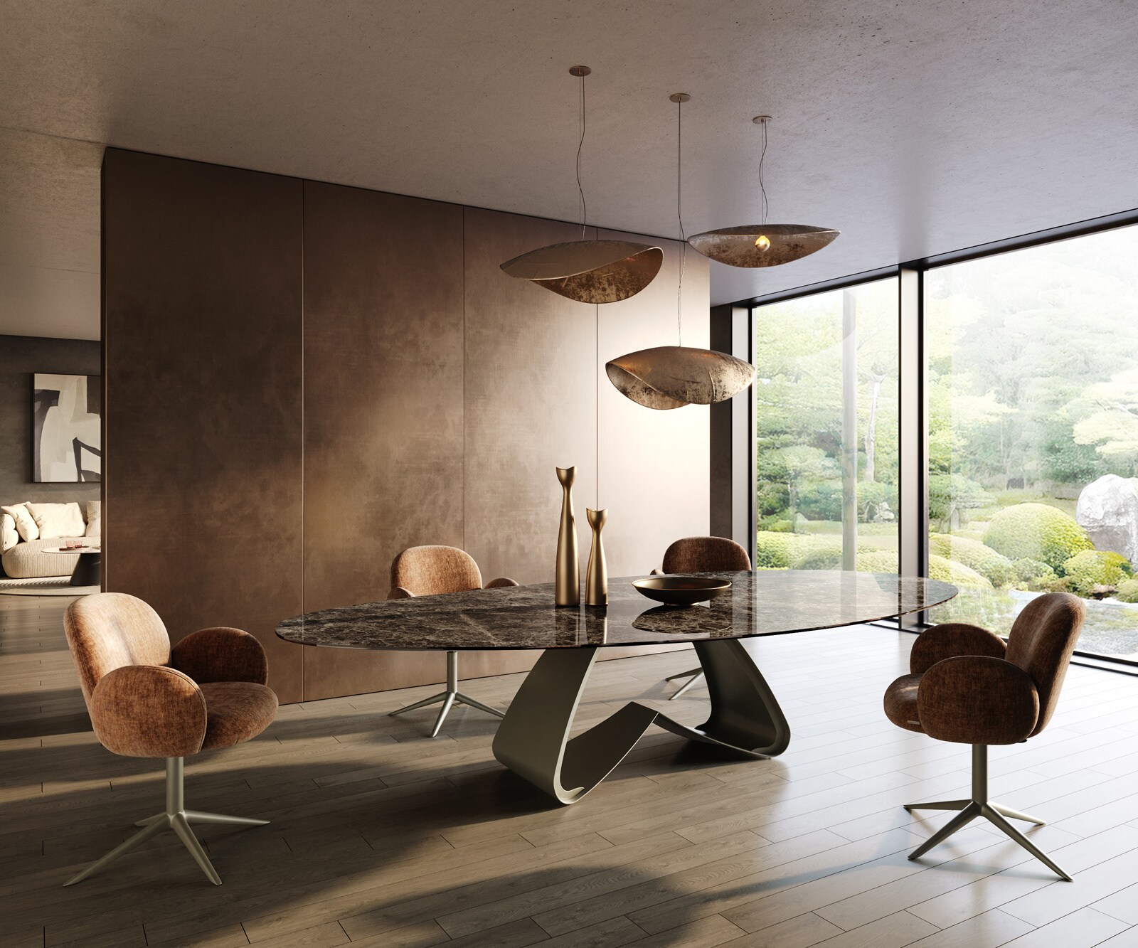 Трапезна маса Edge Oval 315x150 см, керамика Emperador Extra Lucidato, тъмнокафява, метална рамка W с титанов ефект 6