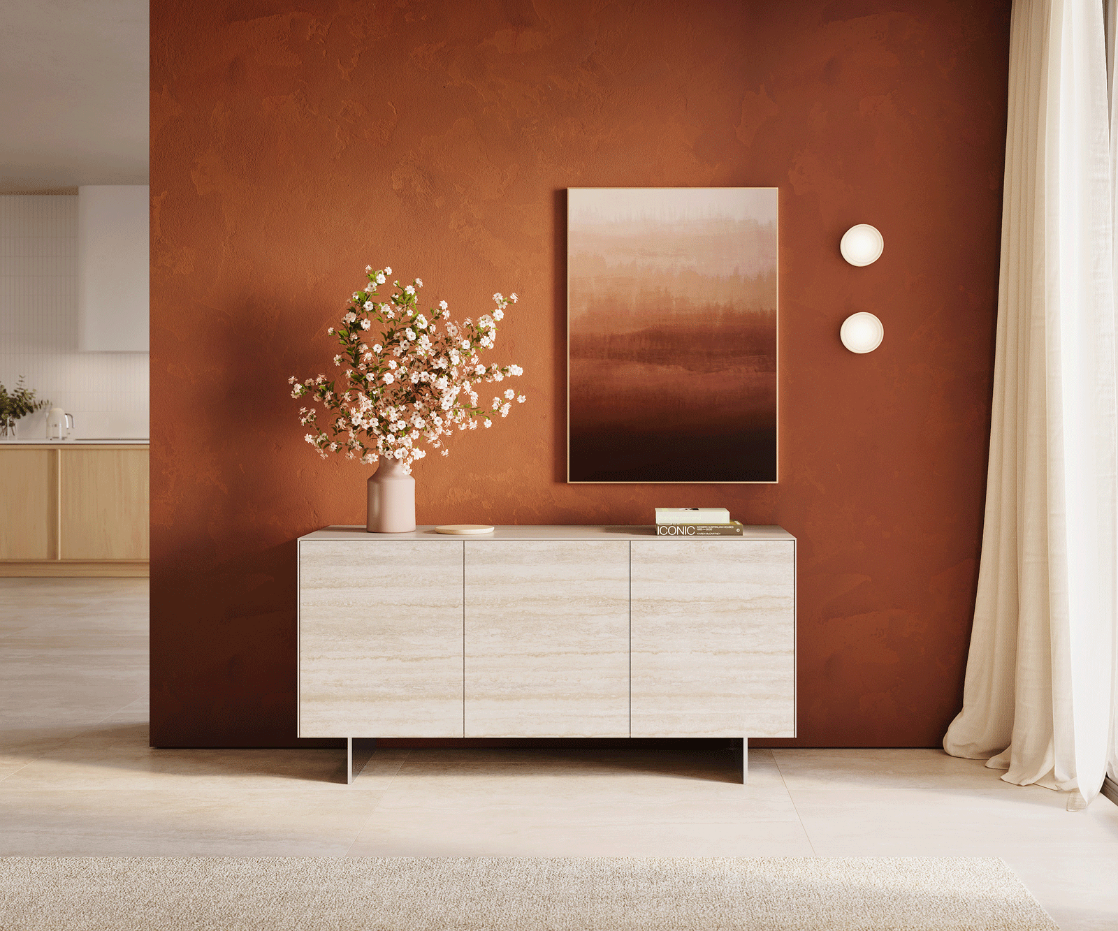 Шкаф Cuor 150 cm Керамичен ламинат® Travertino Bianco Крем-бяло 3 врати Основа Плаващ вид неръждаема стомана 2