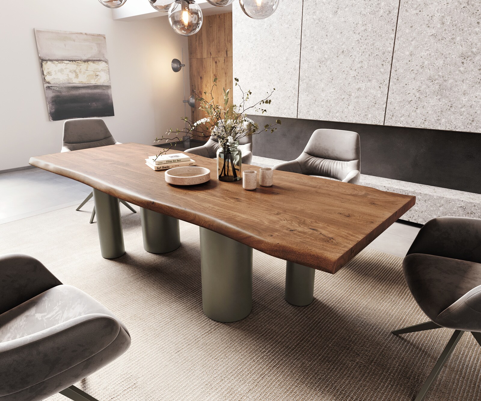 Трапезна маса Edge 260x100 XL от акация, кафява, с метални колони, ефектно покритие „Титан“, с естествени ръбове