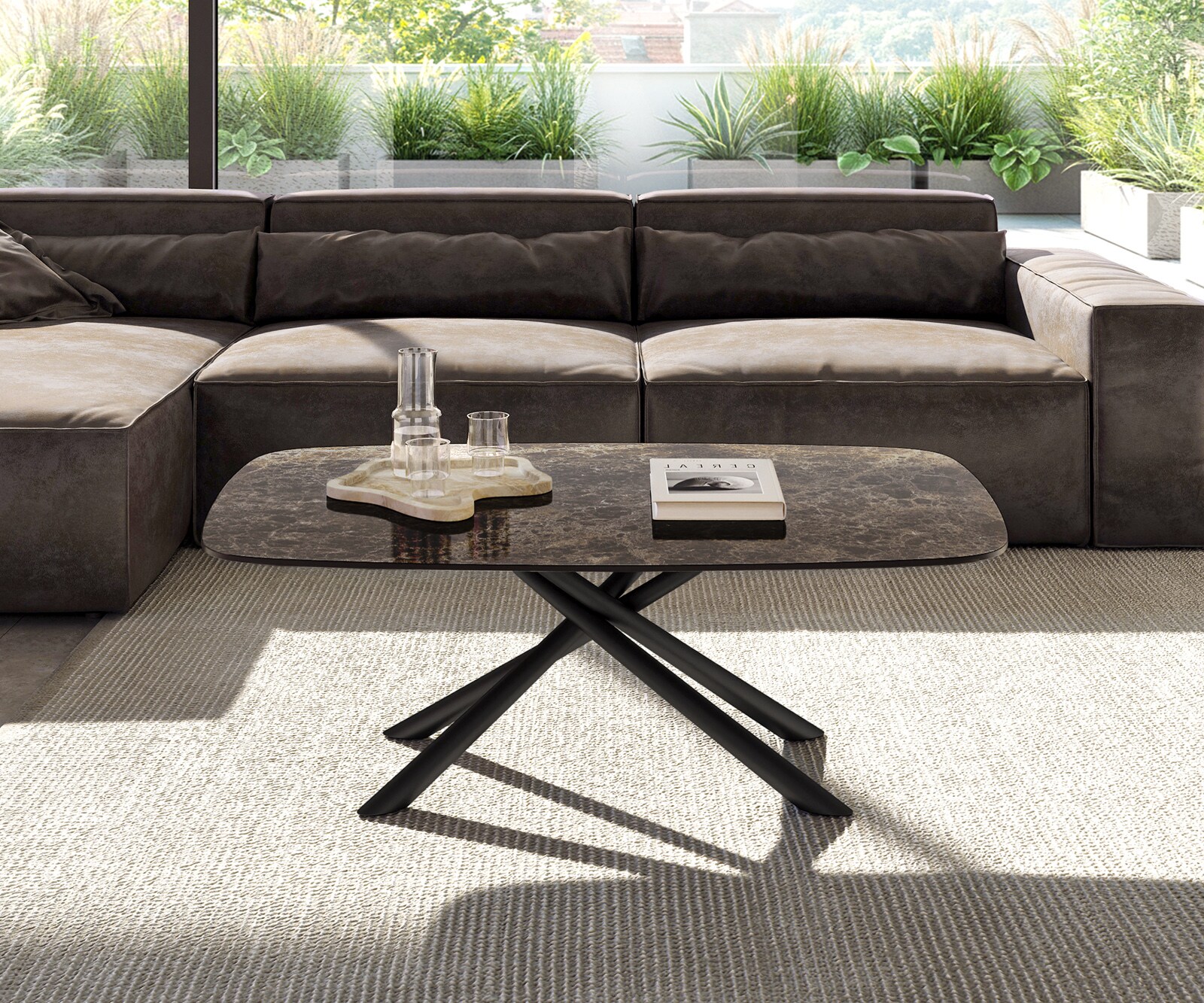 Масичка за кафе Edge Boot 120x70 cm керамика Laminam® Emperador Extra Lucidato Тъмно кафяво Sarity Metal Black 1