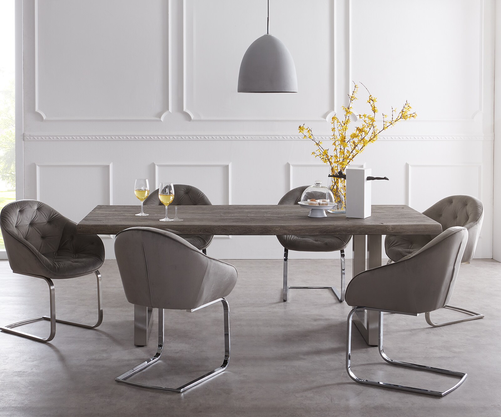 Маса 220x100cm XL Акация Платинен цвят Неръждаема стомана Широк профил Edge 2