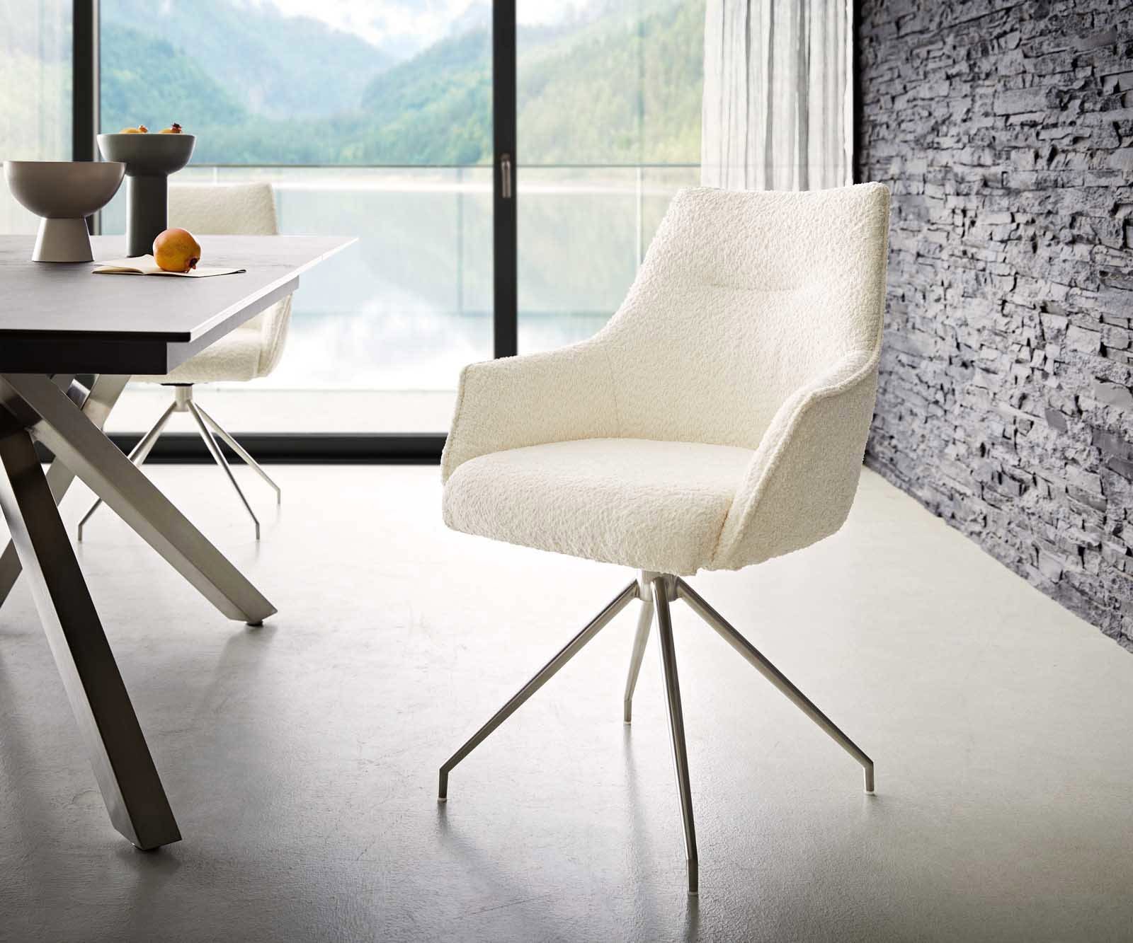 Врътящ се стол с подлакътници Букле Бял Конус крак кръгъл Неръждаема стомана 180° въртящ се Покет пружина Alja-Flex Врътящ се стол с подлакътници Букле Бял Конус крак кръгъл Неръждаема стомана 180° въртящ се Покет пружина Alja-Flex