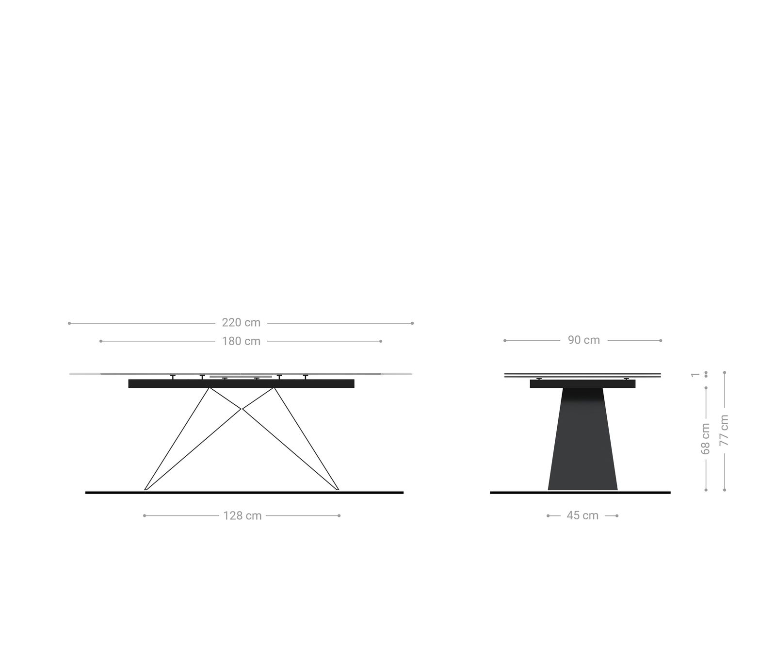 Маса 180-220x90cm Keramik Laminam®Nero Greco Антрацит V-среден крак Черен разтегателна Edge 6