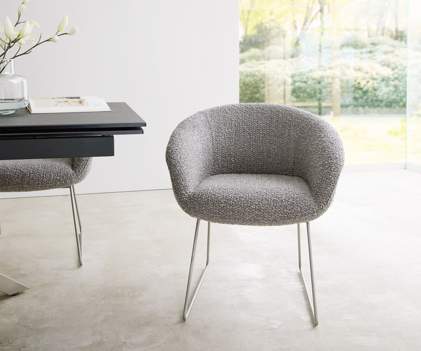 Трапезен стол с подлакътници Букле СребристСив Извити крака Неръждаема стомана Покет пружина Vinka-Flex 2