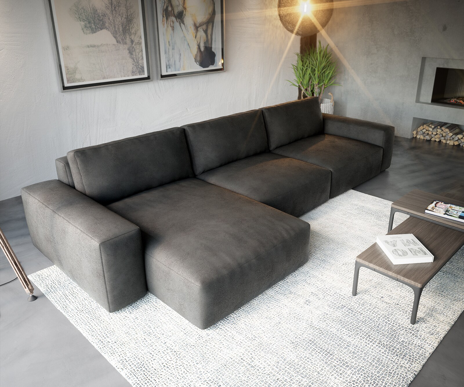 Ъглов диван Lanzo XL 380x180 см Имитация на кожа, Винтидж Антрацит, Лява/Дясна Лежанка 3