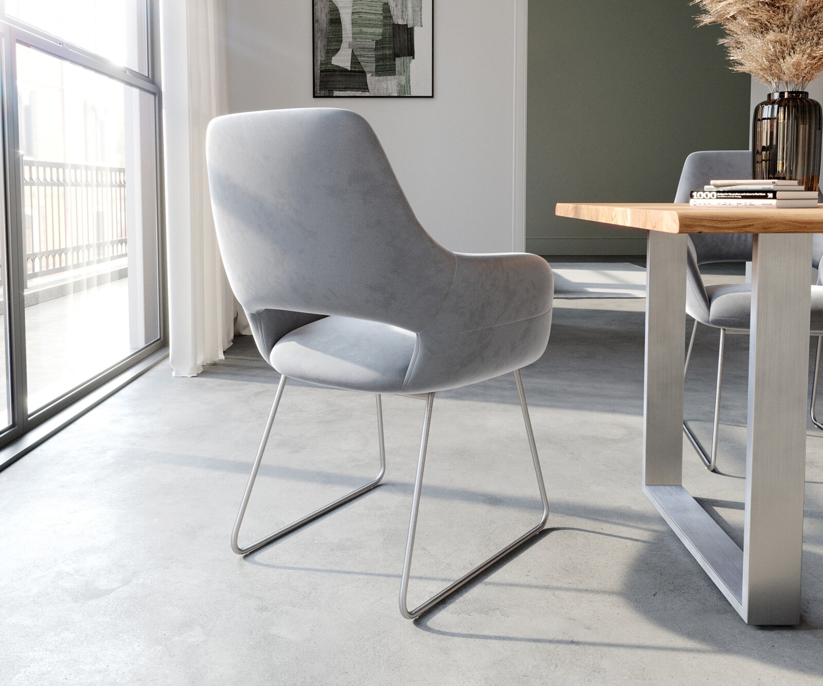 Стол с подлакътници Кадифе Сив Извити крака Неръждаема стомана Yago-Flex 4