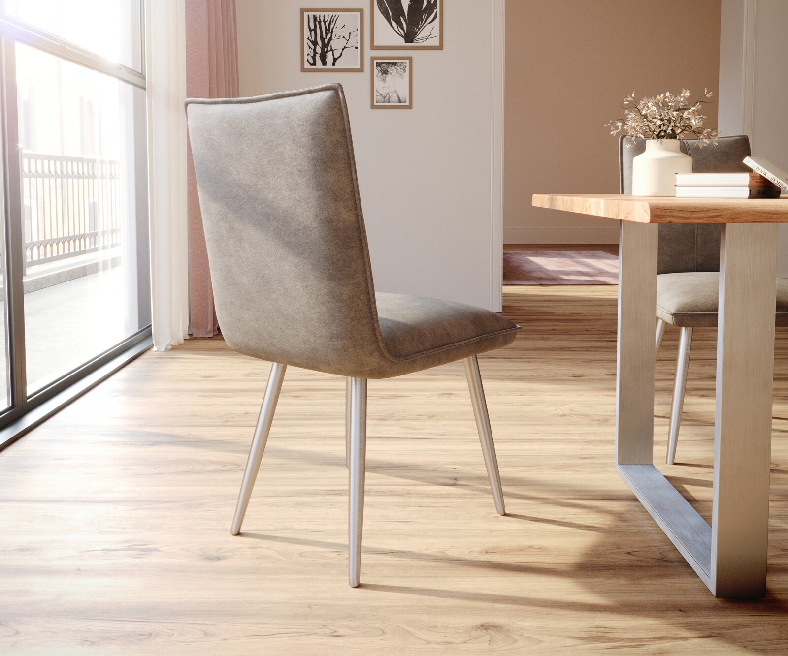 Трапезен стол Таупе Винтидж 4 крака конични Неръждаема стомана  Покет пружина Lelio-Flex 5