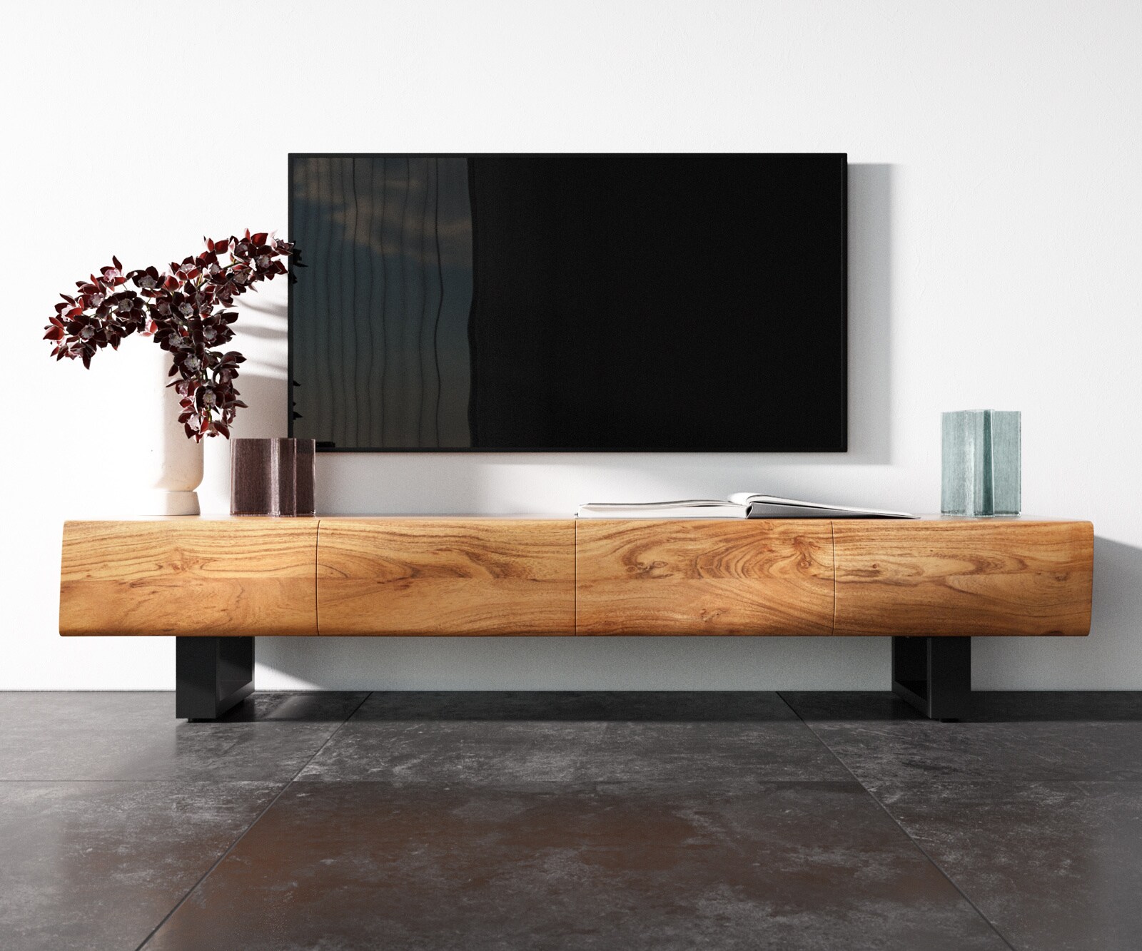 Ниска дъска New Live-Edge 175 cm акация естествена 4 вратички метален бегач черен 3