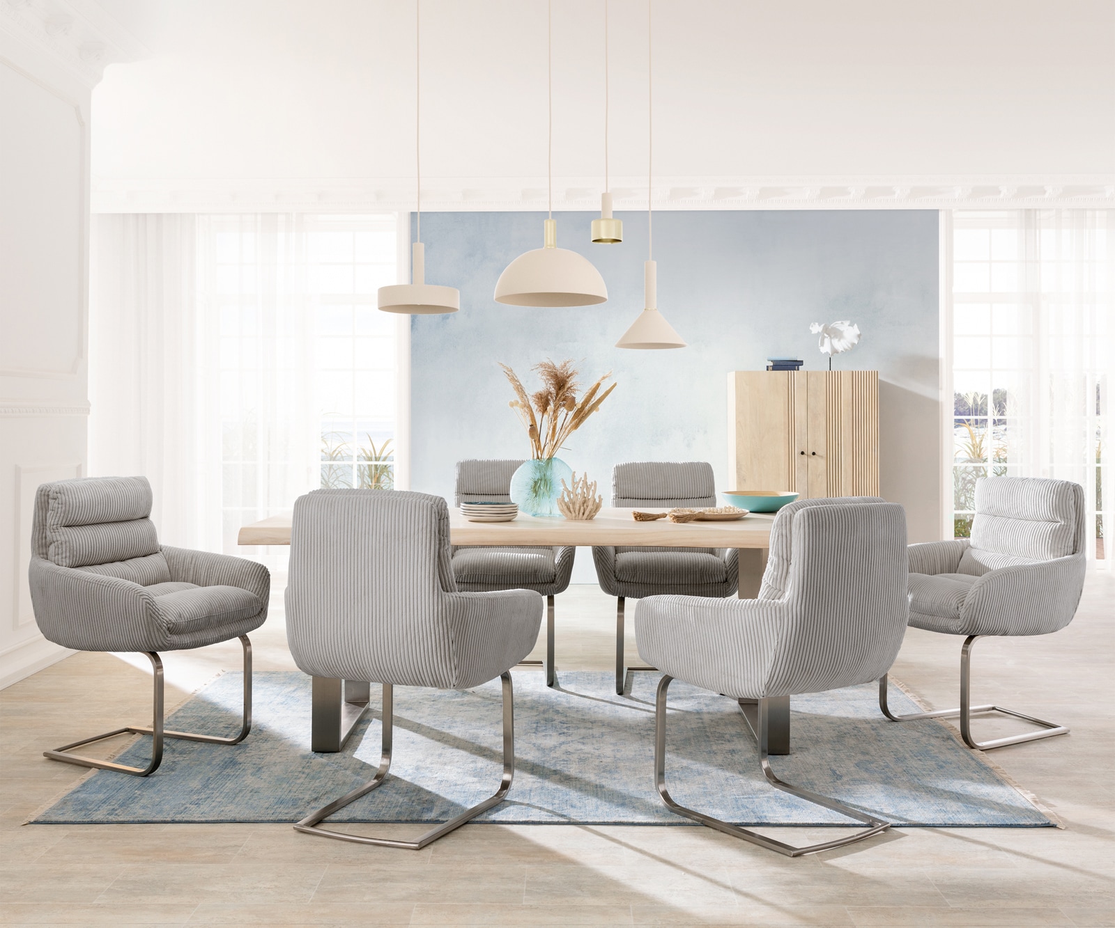 Люлеещ стол с подлакътници Корд Сребристо сив Конзолен крак плосък Неръждаема стомана Abelia-Flex 3 Люлеещ стол с подлакътници Корд Сребристо сив Конзолен крак плосък Неръждаема стомана Abelia-Flex 3