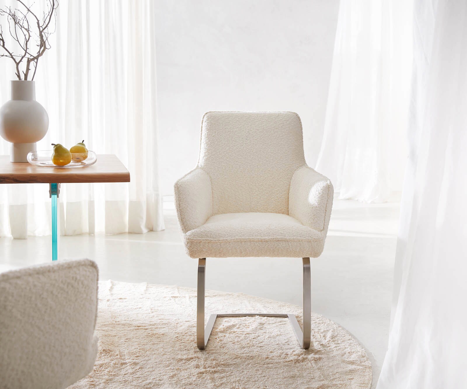 Люлеещ стол с подлакътници Букле Бял Конзолен крак плосък Неръждаема стомана Покет пружина Heira-Flex 1 Люлеещ стол с подлакътници Букле Бял Конзолен крак плосък Неръждаема стомана Покет пружина Heira-Flex 1