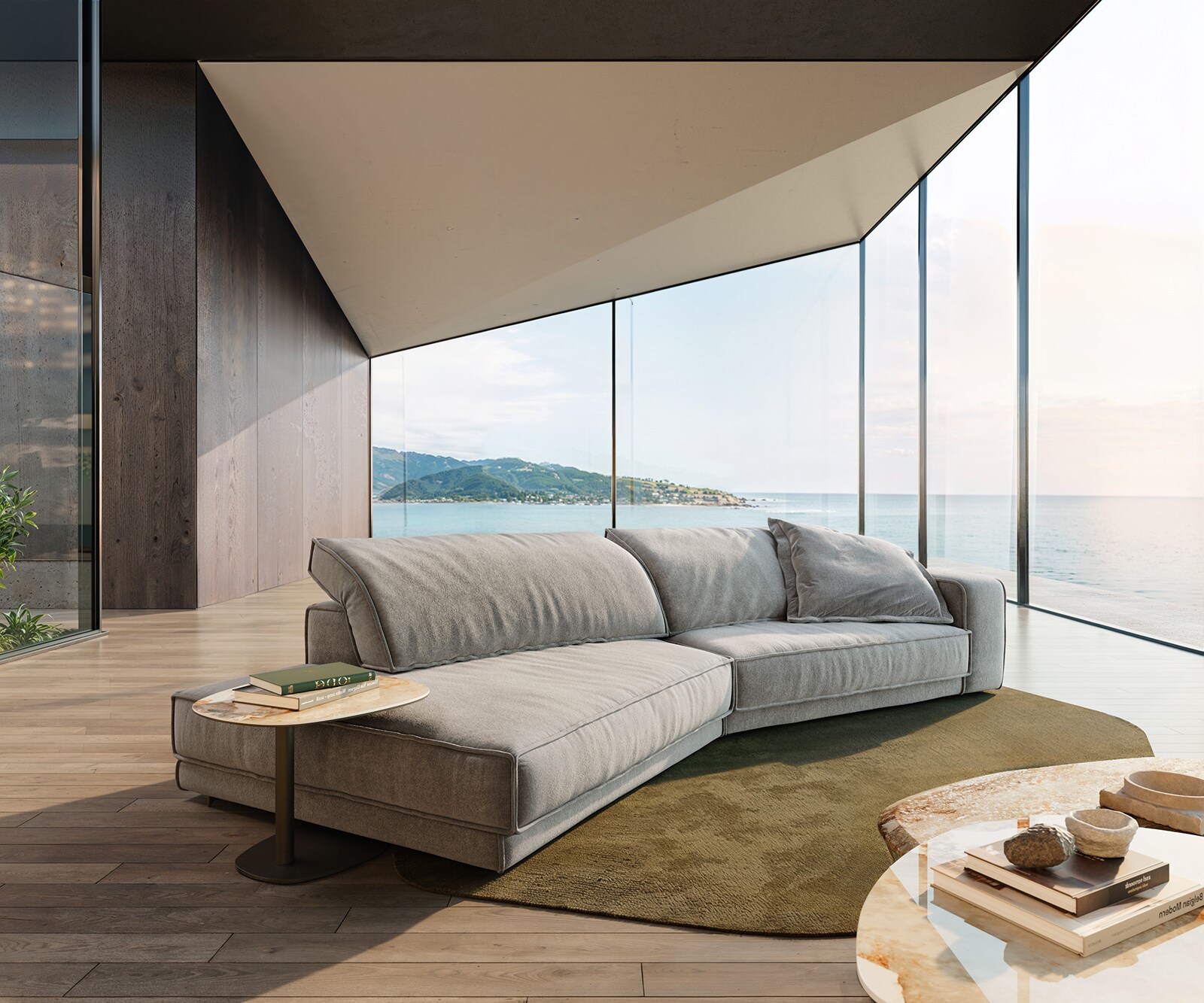 Голям диван Snoosh 400x150 cm текстурирана тъкан меко сиво Recamiere ляво 2