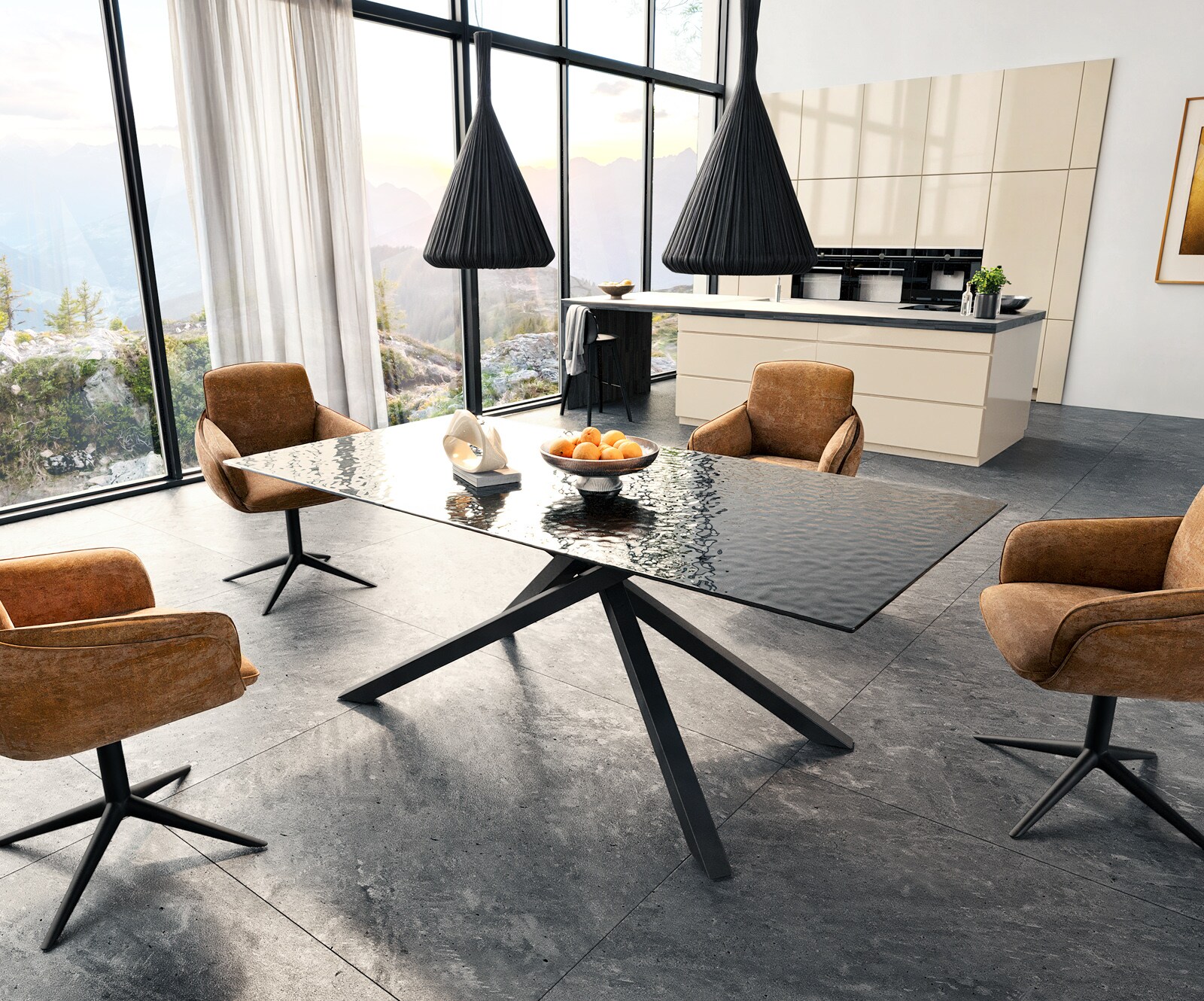 Трапезна маса Edge 200x100 релефно стъкло пушено черно 3D дизайн кръстосана рамка правоъгълник черно 6