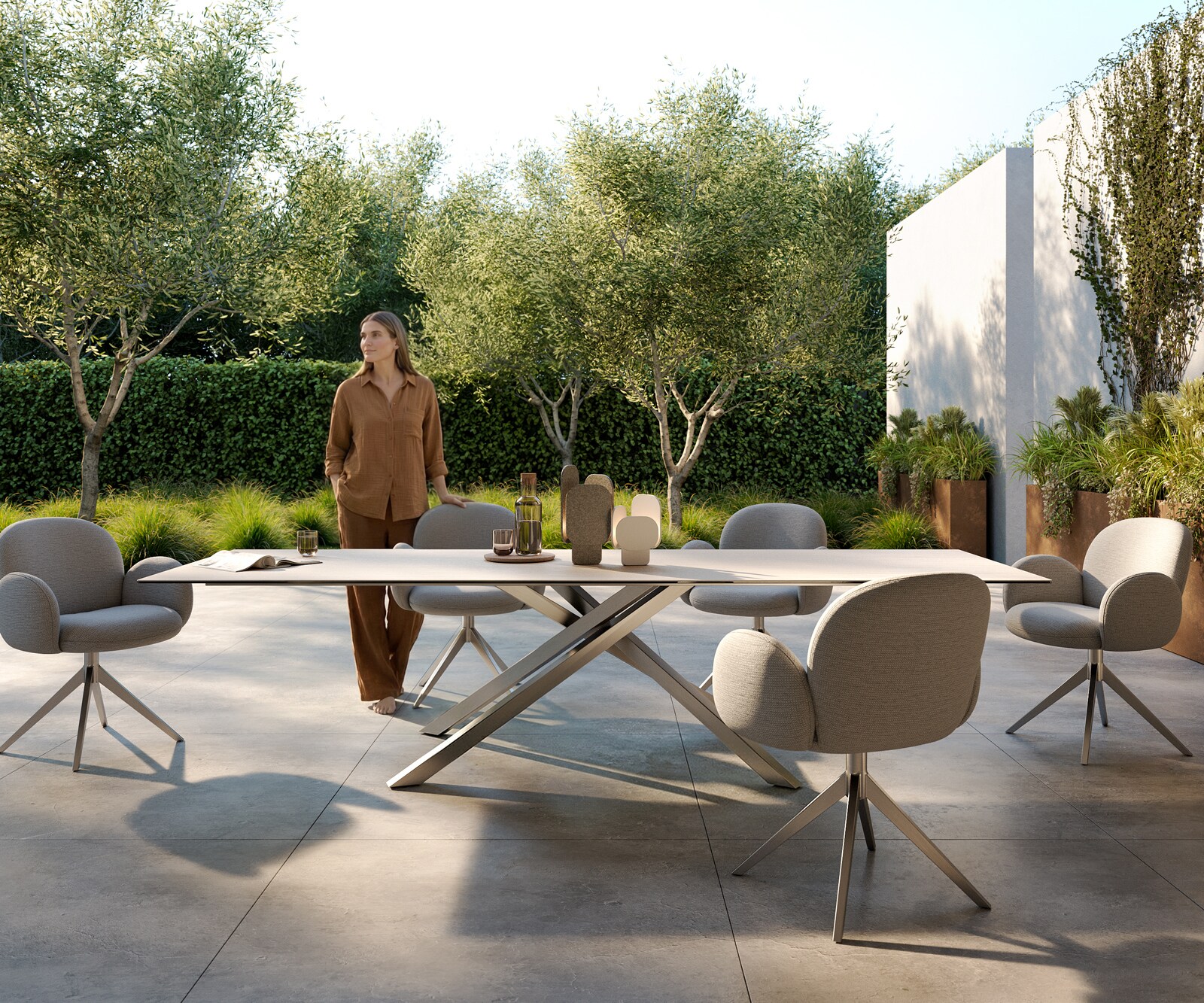Луксозна външна маса Edge 300x100 см, керамичен правоъгълен плот Laminam ® Travertino Bianco, Кръстовидна основа, Крем-бяло/Сребристосив 1