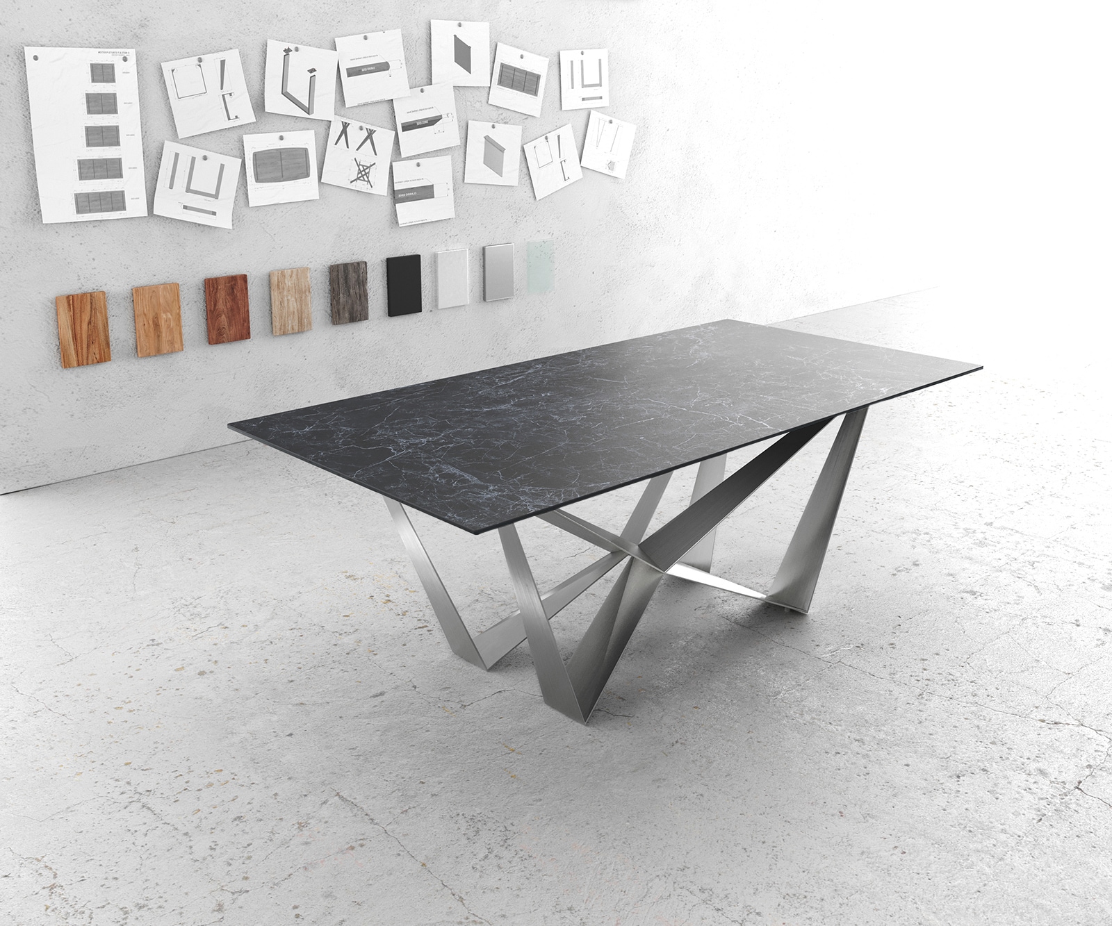 Маса 200x100cm Keramik Laminam®Nero Greco Антрацит Spider плоска стомана Неръждаема стомана Edge Маса 200x100cm Keramik Laminam®Nero Greco Антрацит Spider плоска стомана Неръждаема стомана Edge