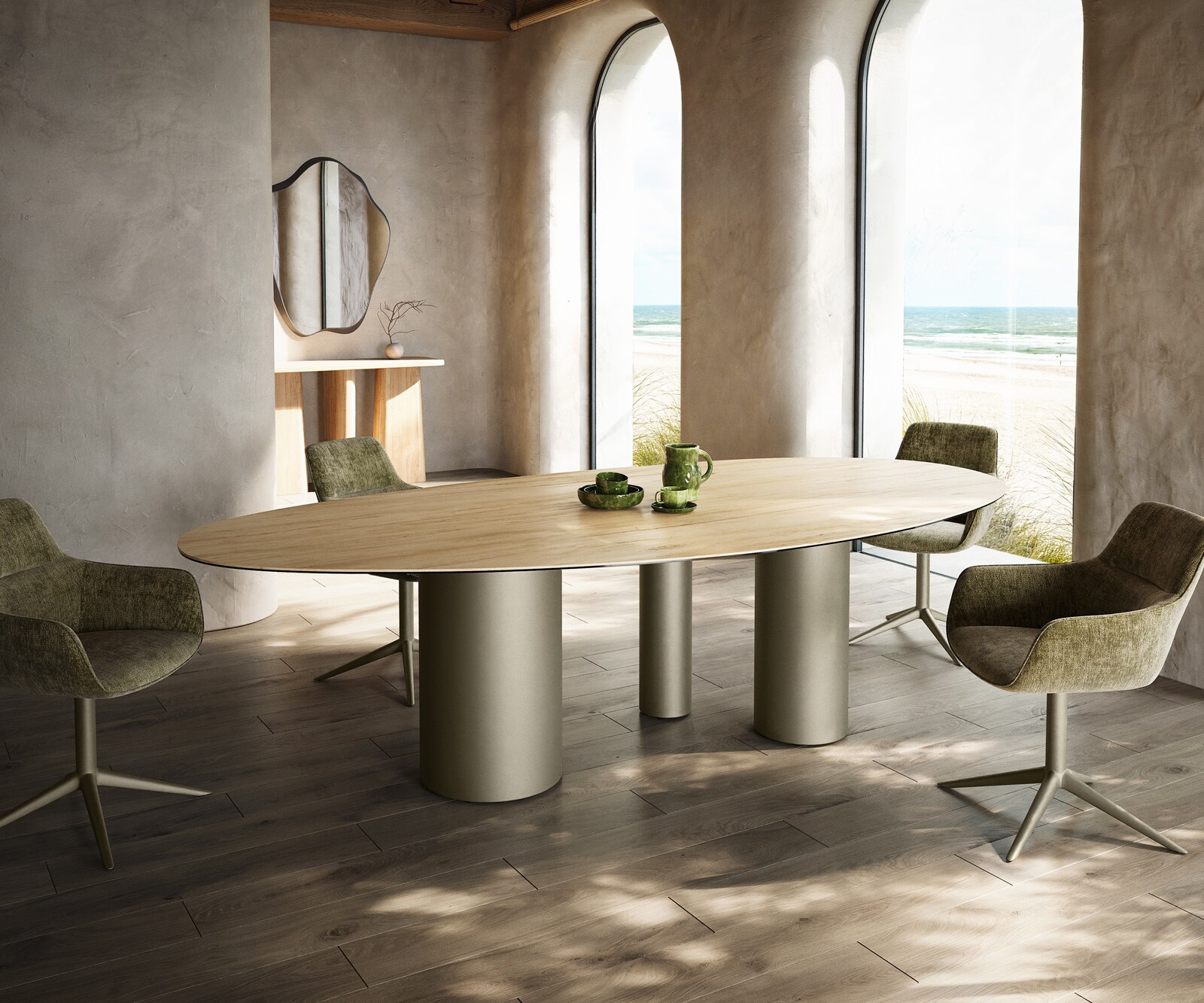 Трапезна маса Edge Oval 280x130, керамика Laminam „®“, цвят „Sabbia“ (дъбов), Troa, метал, ефектно покритие „Титан“