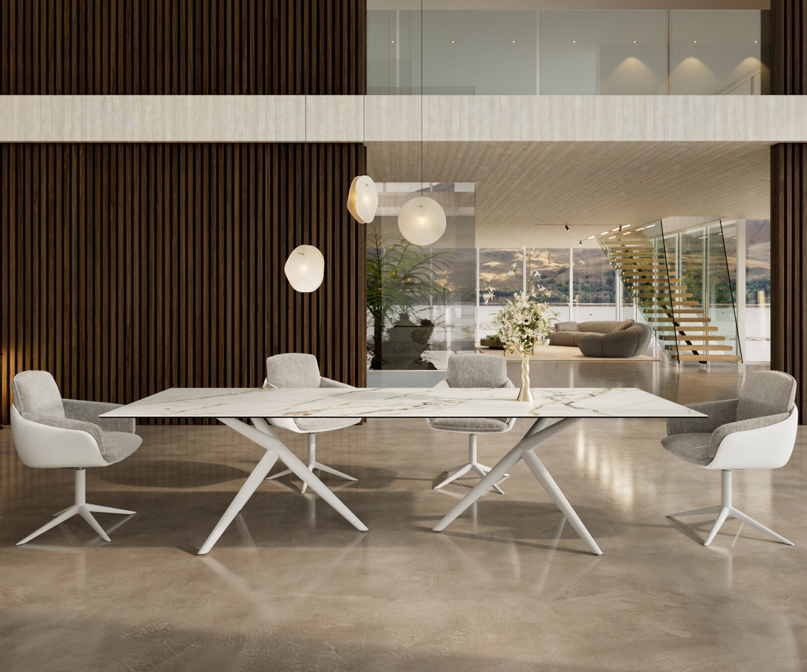 Трапезна маса Edge 300x100, керамика Calacatta Luxe, бяло-златно-сиво, Estelar, кръгла, метална, бяла