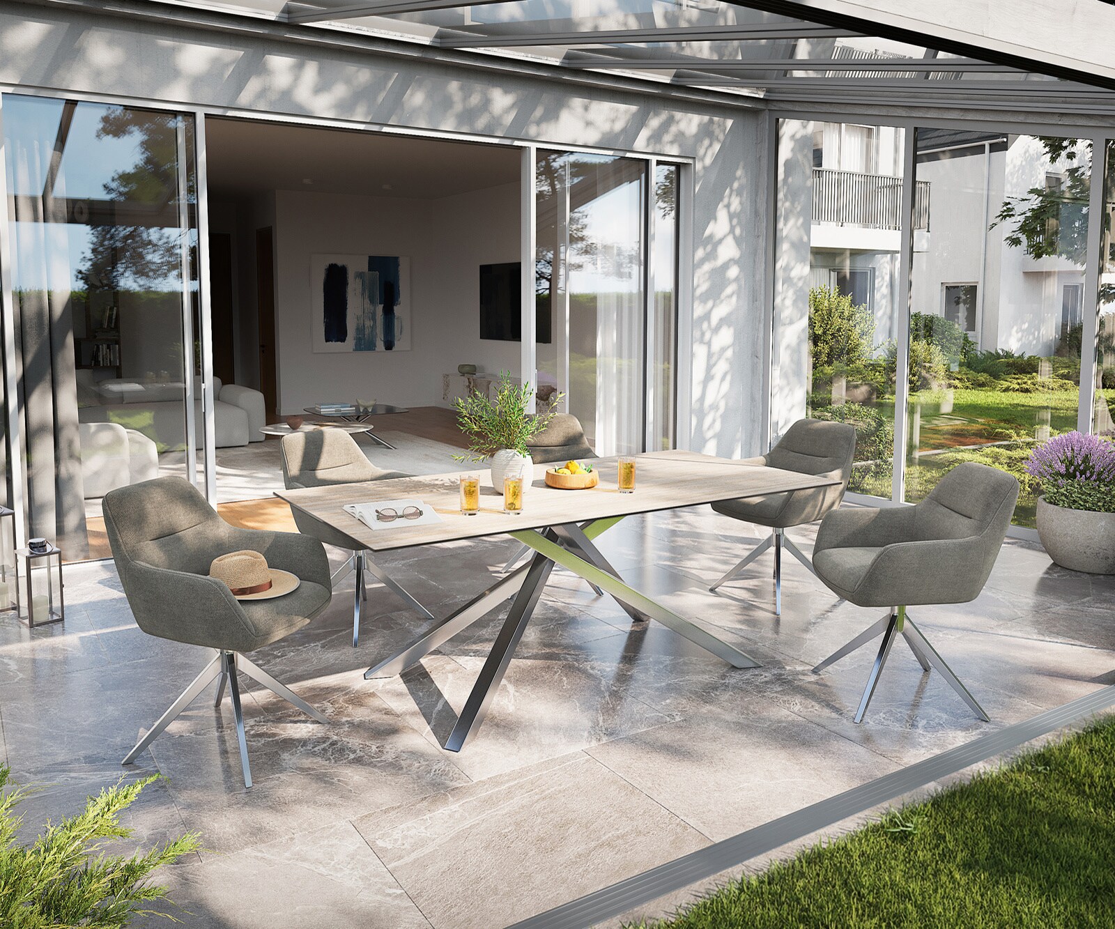 Луксозна външна маса Edge 200x100 см керамичен правоъгълен плот Laminam ® Travertino Bianco, Кръстовидна основа, Крем-бяло/Сребристосив 5