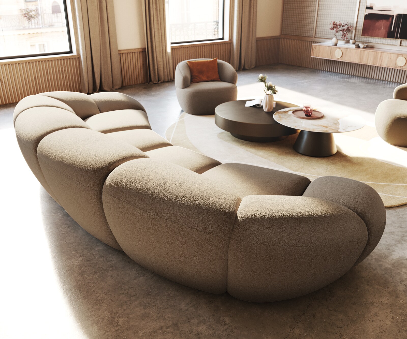 Голям диван Lunna 360x175 cm fine bouclé taupe 2 възглавници 8