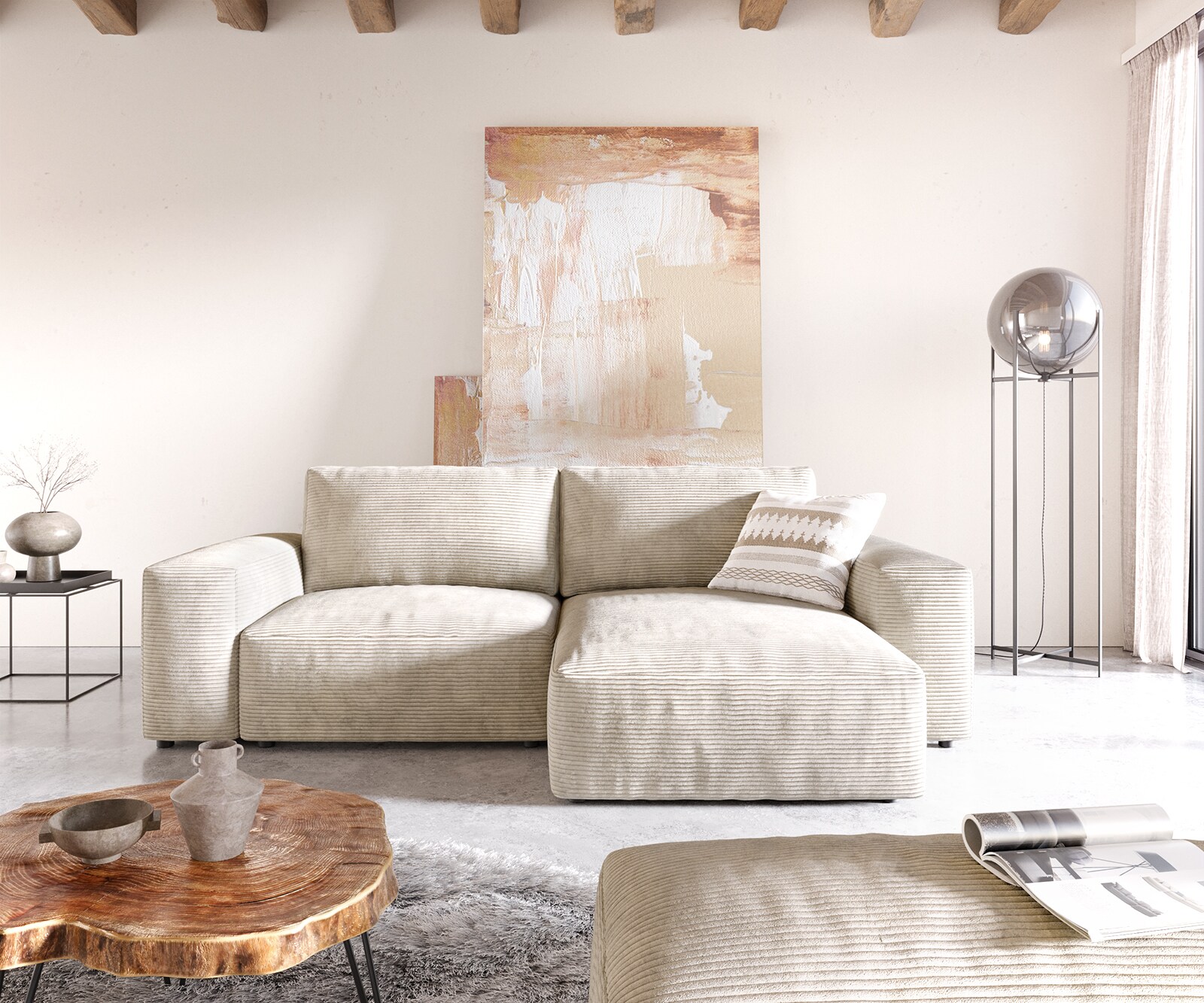 Ъглов диван Lanzo  230x155 см Рипс в бежово, Лява/Дясна Лежанка, с табуретка 1