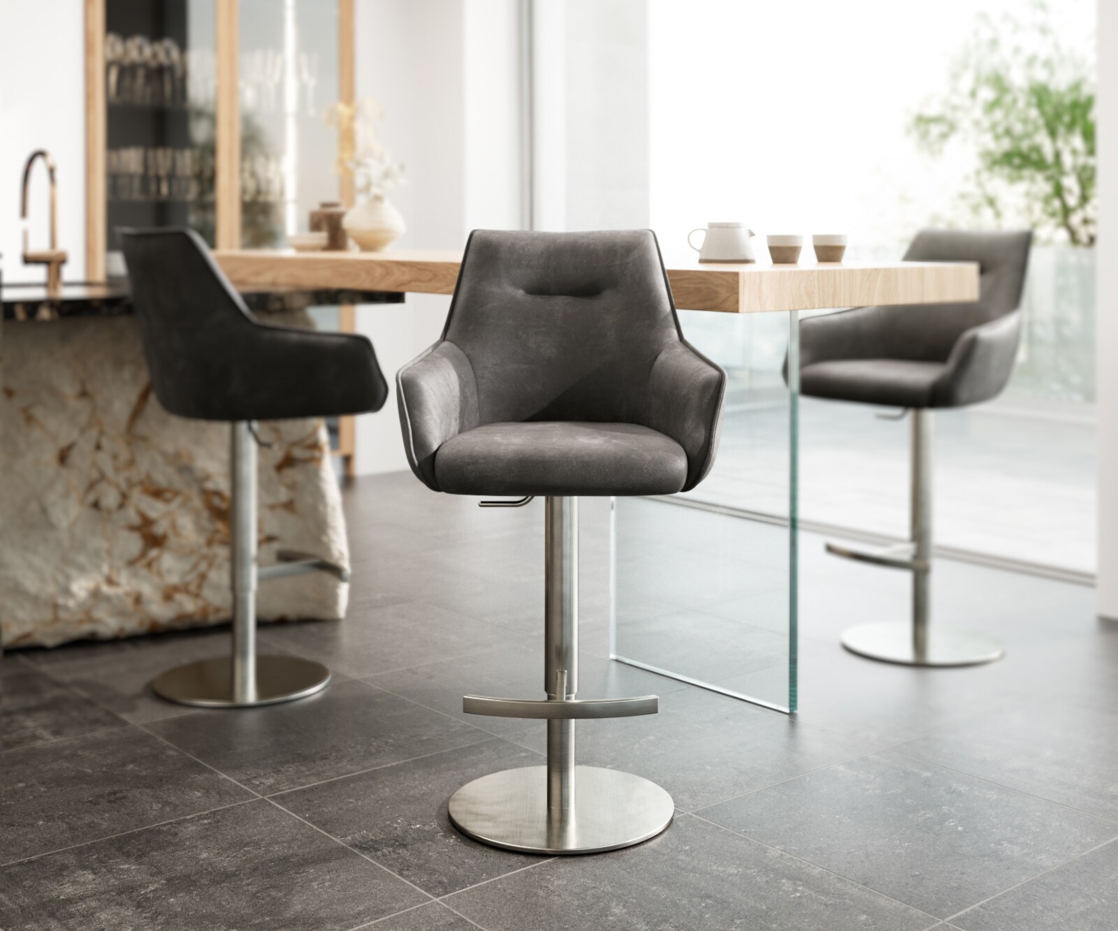 Бар стол Микрофибър Антрацит Винтидж Въртяща се основа с регулируема височина Неръждаема стомана  Покет пружина Alja-Flex 3