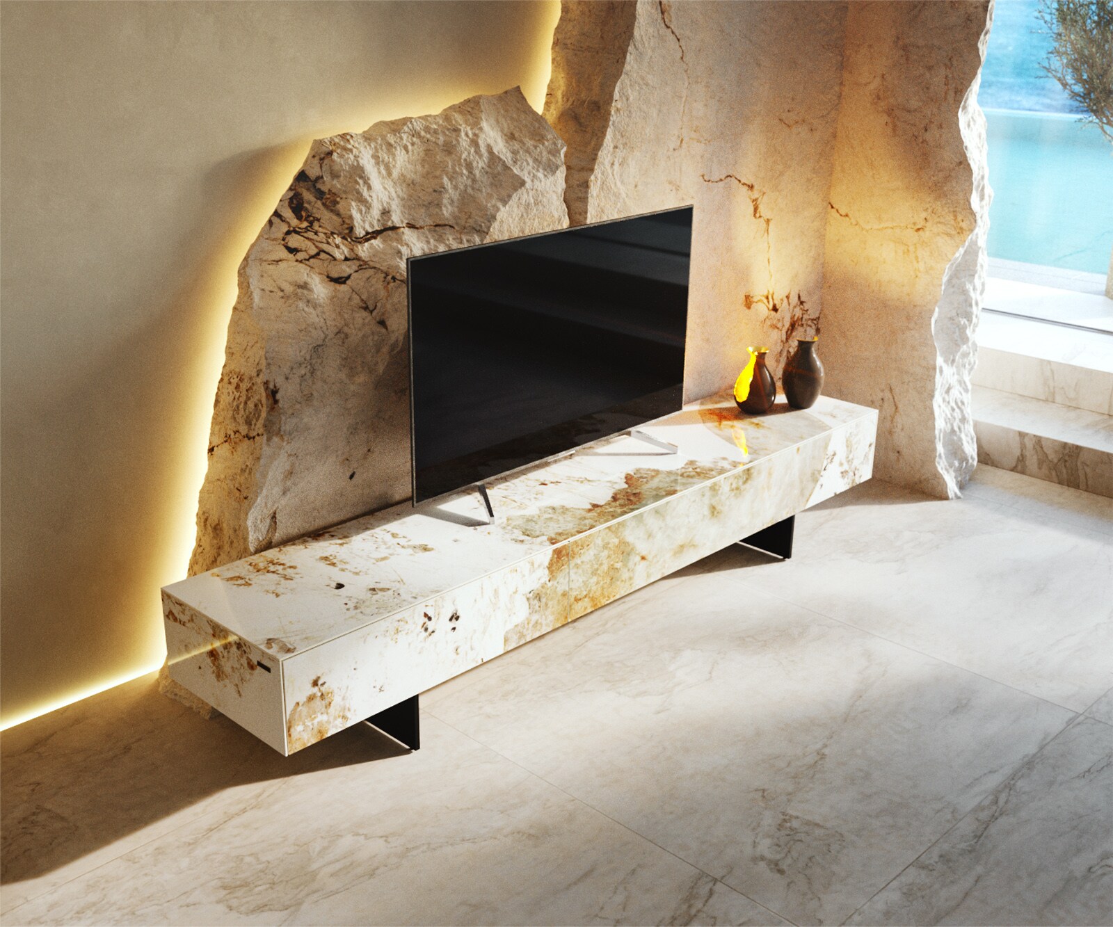 Ниска дъска Cuor 200 см Керамика Minas Melange Бяло-бежово 1 клапа 1 чекмедже Основа Плаващ вид Метал Черно 3