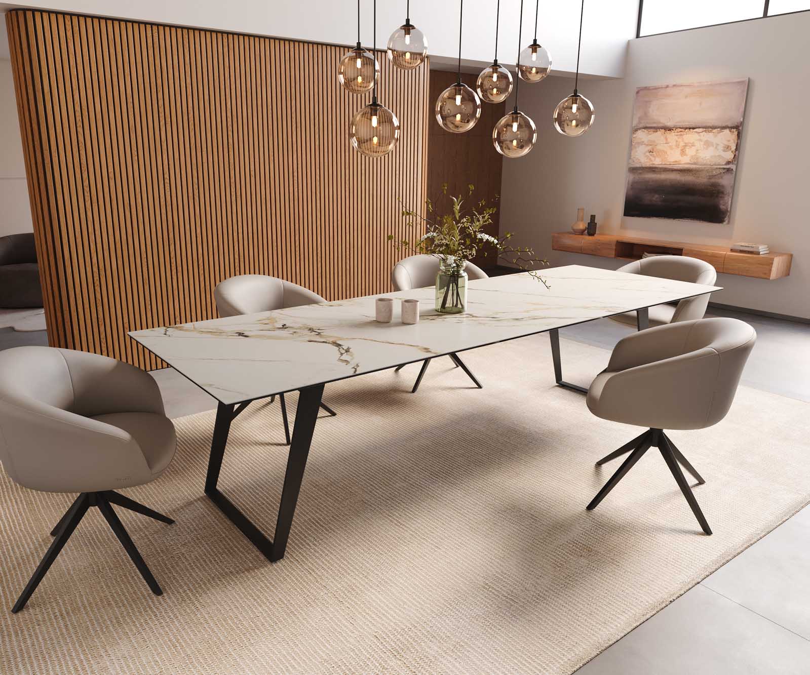 Трапезна маса Edge 300x100, керамика Calacatta Luxe, бяло-златно-сиво, метал, наклонена, черна 8