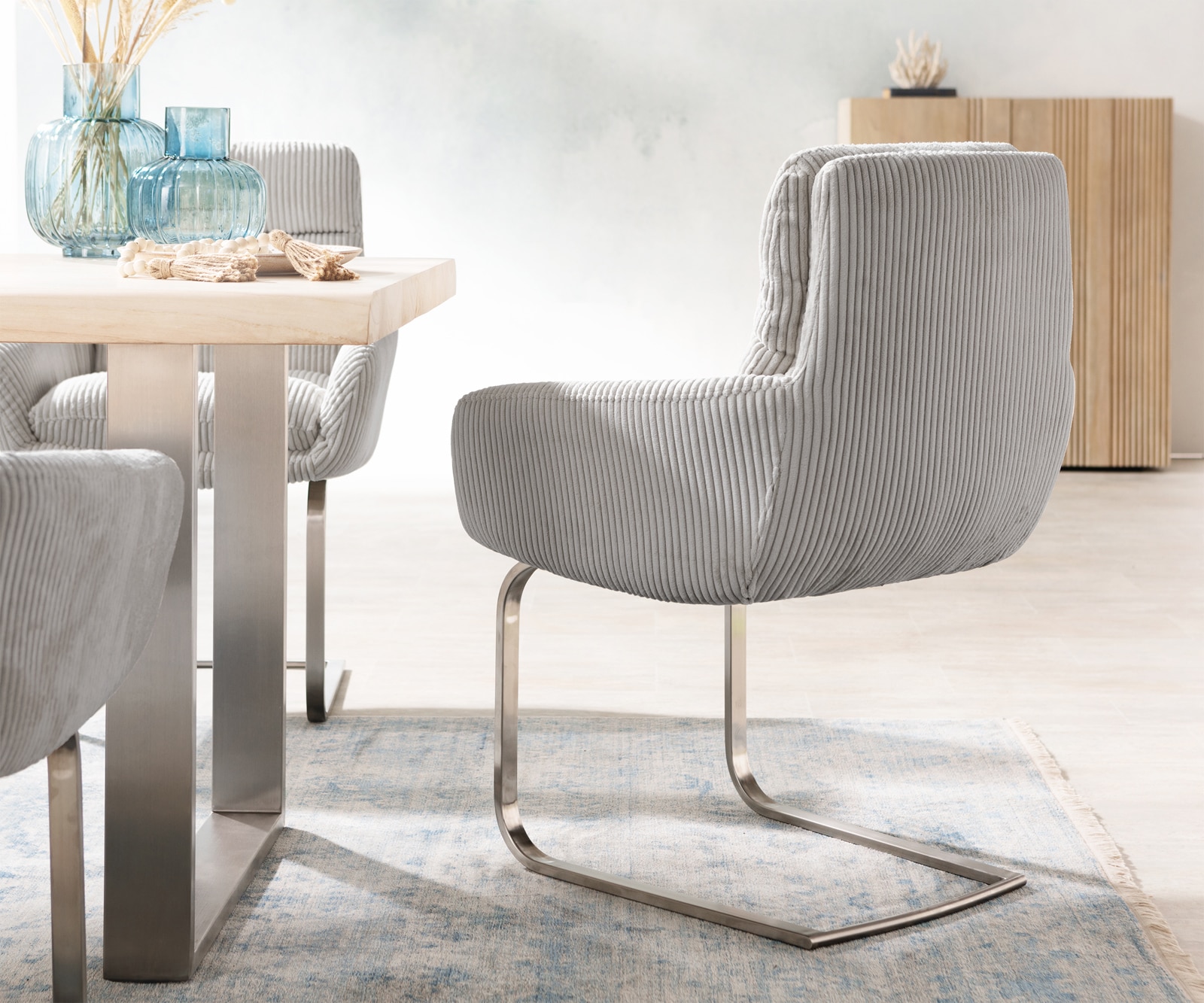 Люлеещ стол с подлакътници Корд Сребристо сив Конзолен крак плосък Неръждаема стомана Abelia-Flex 4 Люлеещ стол с подлакътници Корд Сребристо сив Конзолен крак плосък Неръждаема стомана Abelia-Flex 4