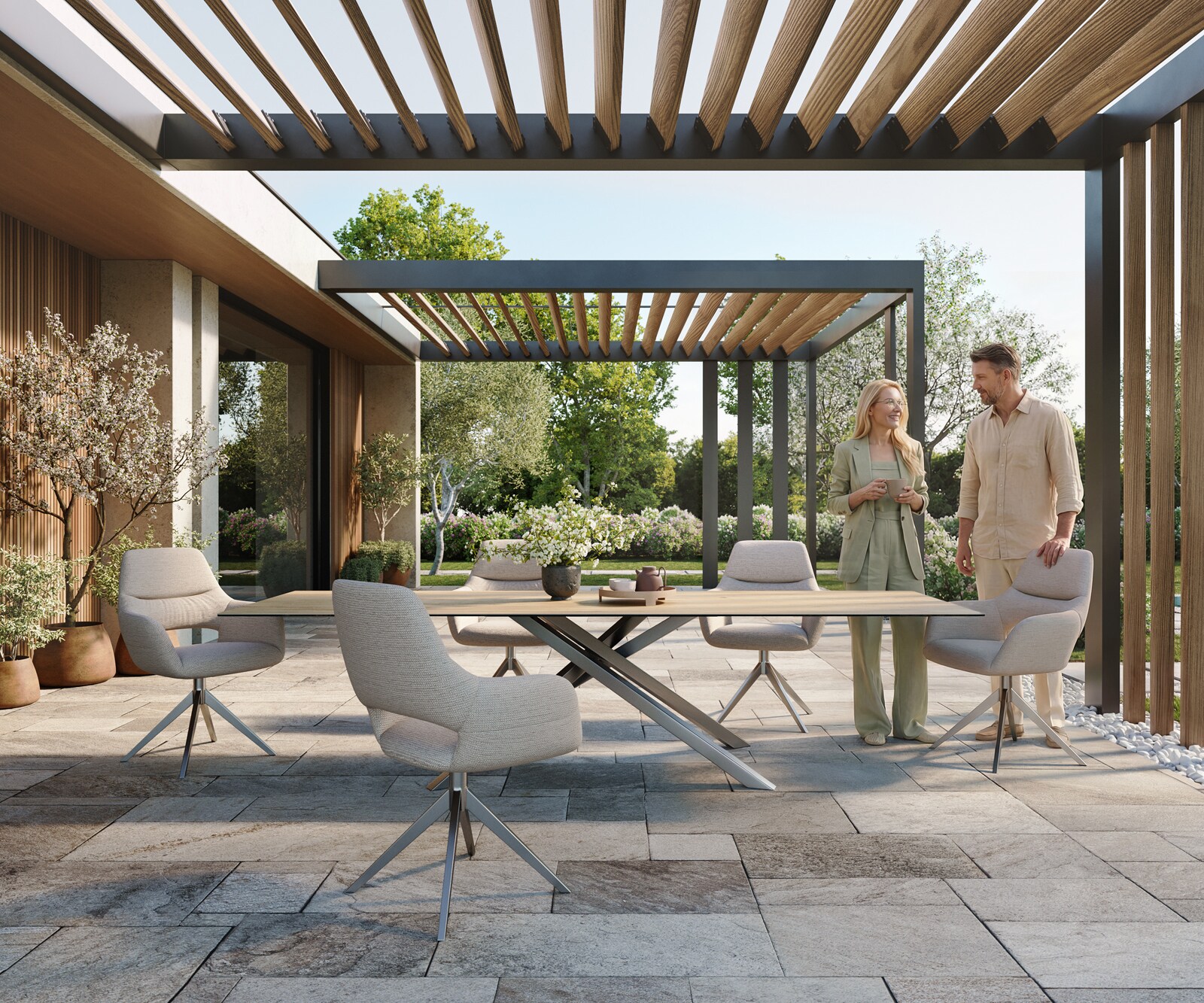 Маса Edge 300x100 см, керамика Laminam „®“ в цвят Sabbia, подходяща за външна употреба, с дъбово покритие, кръстовидна рамка, правоъгълна, от неръждаема стомана 2