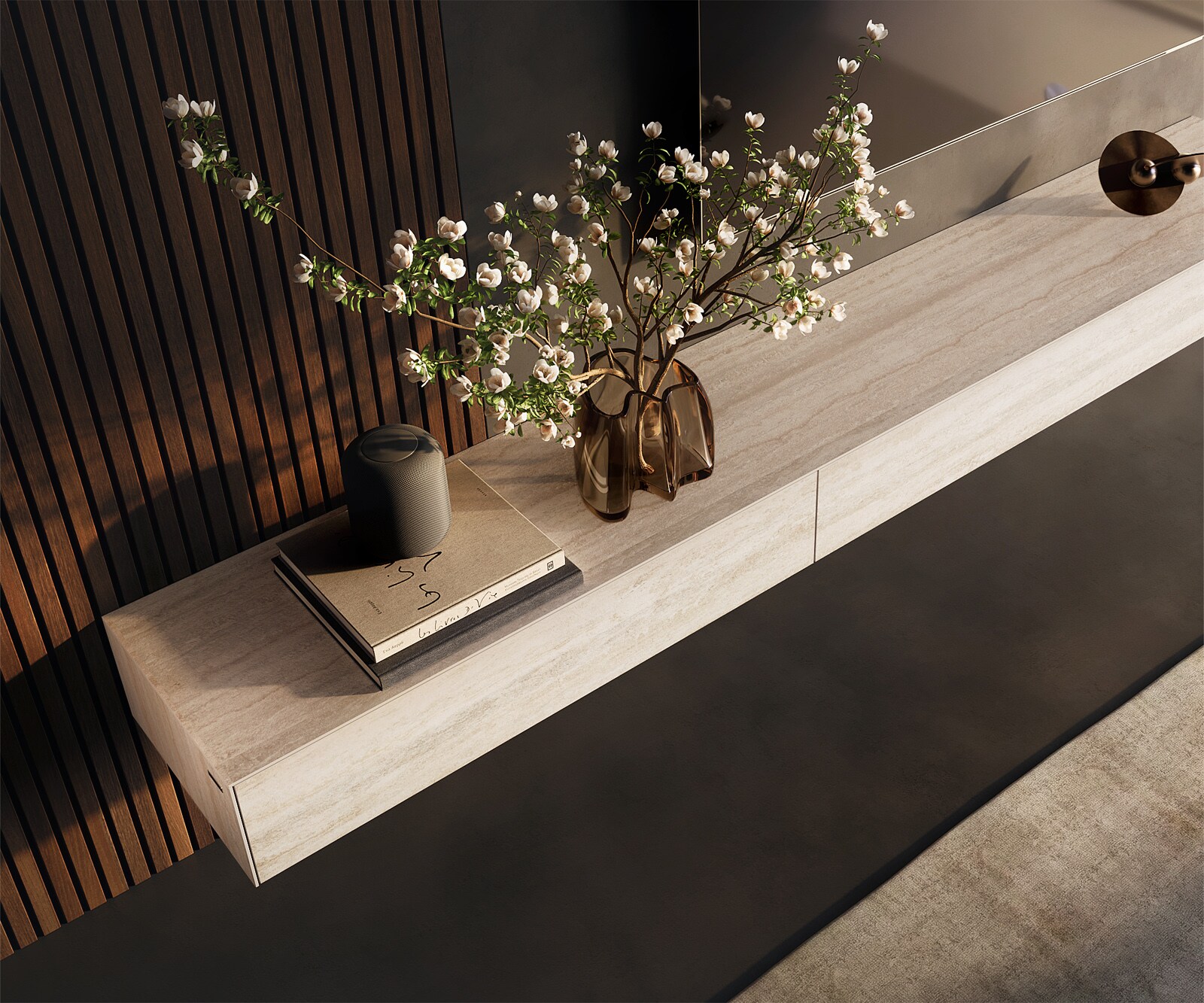 Ниска дъска Cuor 250 cm Керамичен ламинат® Travertino Bianco Крем-бяло 1 клапа 1 чекмедже Плаващо 5