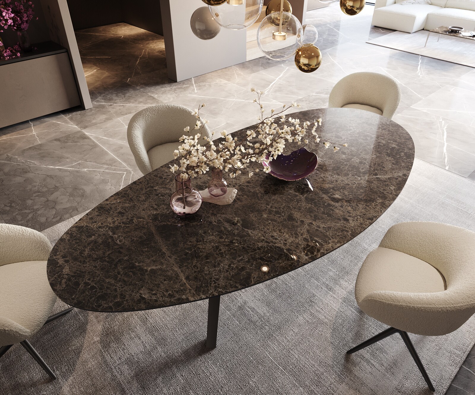 Трапезна маса Edge Oval 280x130, керамика Laminam „®“, Emperador Extra Lucidato, тъмнокафяво, Zenthara, с остри ръбове, метал, черно 3