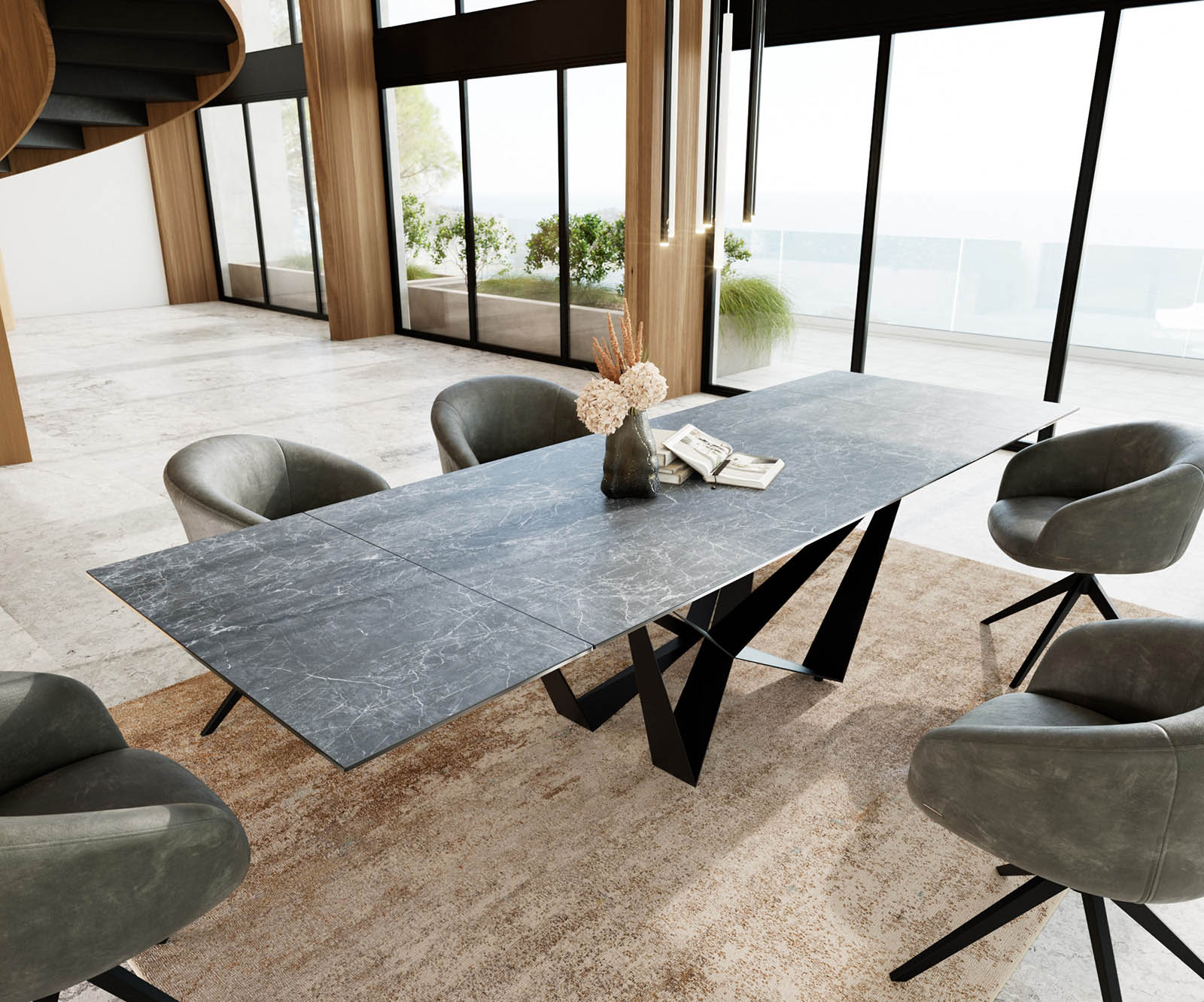 Разтегателна трапезна маса Edge 200-300х100 см Керамика Laminam® Nero Greco Антрацит Основа стомана тип Spider Черна