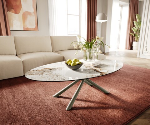 Масичка за кафе Edge Oval 140x80 cm керамика Minas Melange Sarity метален ефект покритие титан