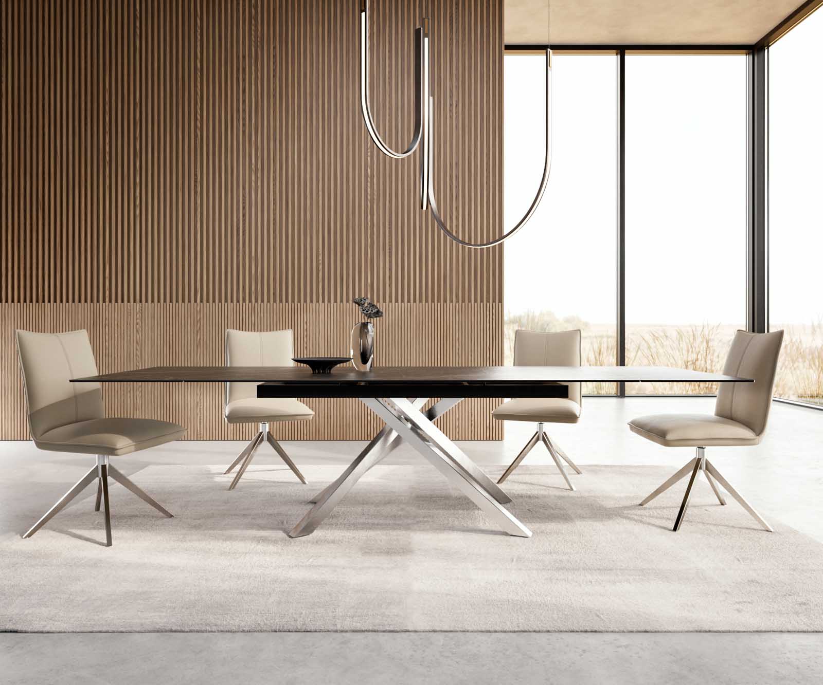 Разтегателна трапезна маса Edge 200-300х100 см Керамика Laminam®Noir Desir Тъмнокафяв Кръсртовидна основа Сребристосив 1