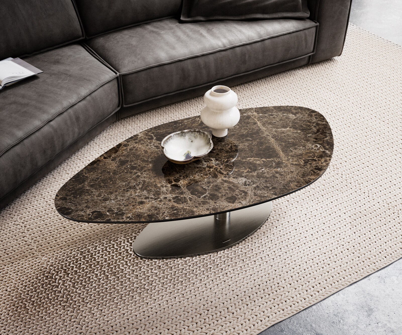 Масичка за кафе Edge Organic 140x76 cm Керамичен ламинат® Emperador Extra Lucidato Тъмно кафяво Vibany Матирана неръждаема стомана 4