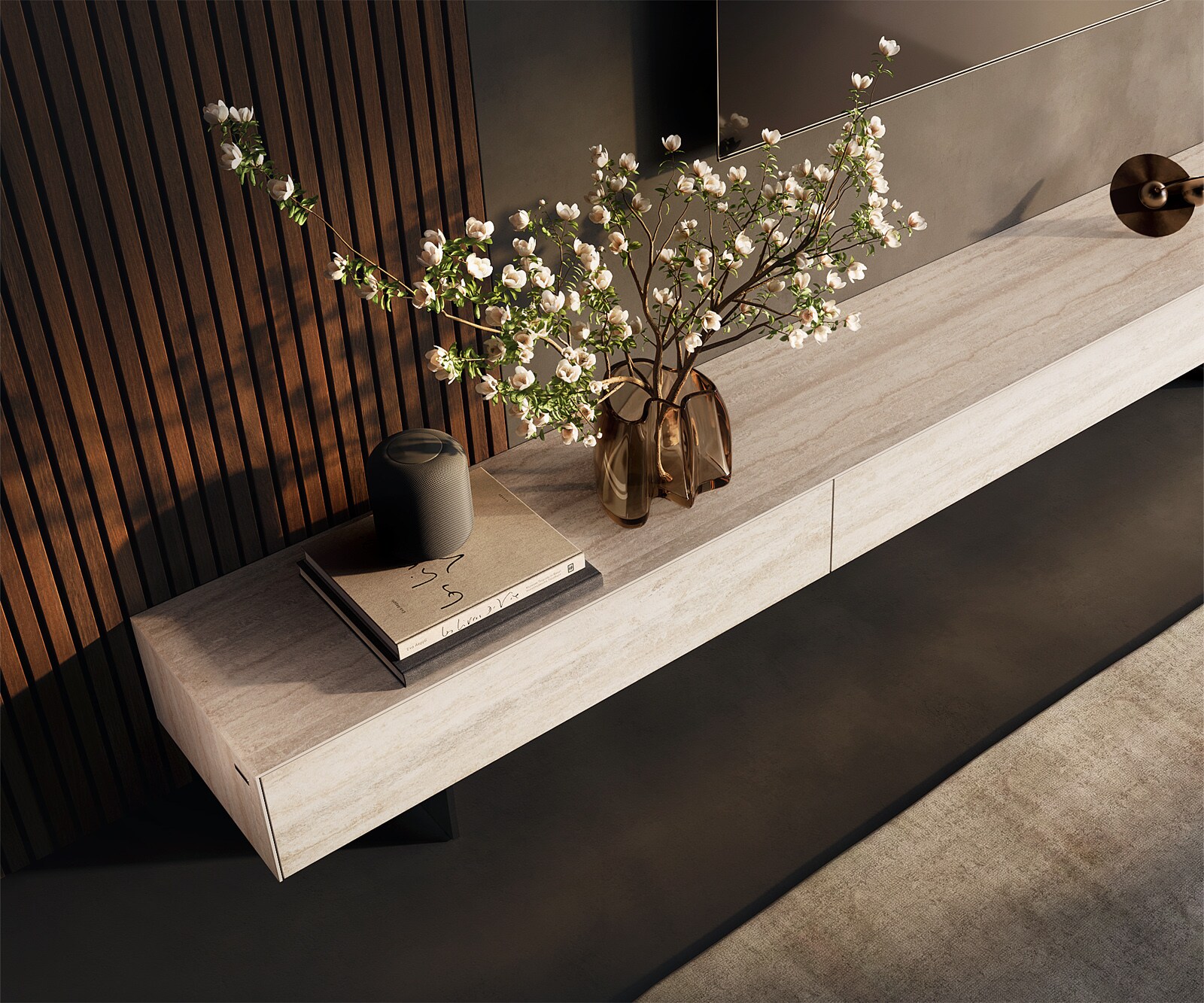 ТВ шкаф Cuor 250 см Керамика Laminam® Travertino Bianco Крем-бяло 1 врата  1 чекмедже Основа Метал Черен 4