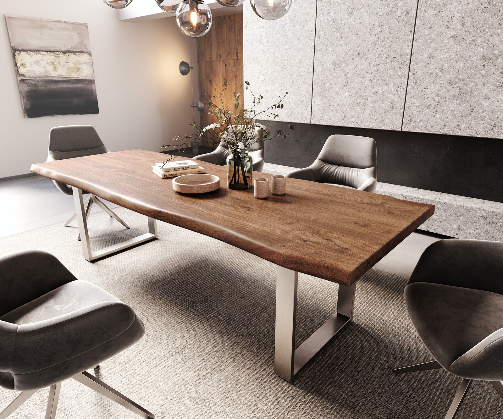 Трапезна маса Edge 260x100 XL от акация, кафява, неръждаема стомана, тясна, с естествени ръбове