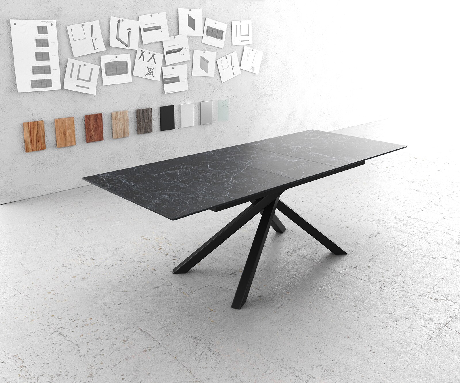 Разтегателна трапезна маса Edge 180-220х100 см Керамика Laminam®Nero Greco Антрацит Кръсртовидна основа Черен цвят