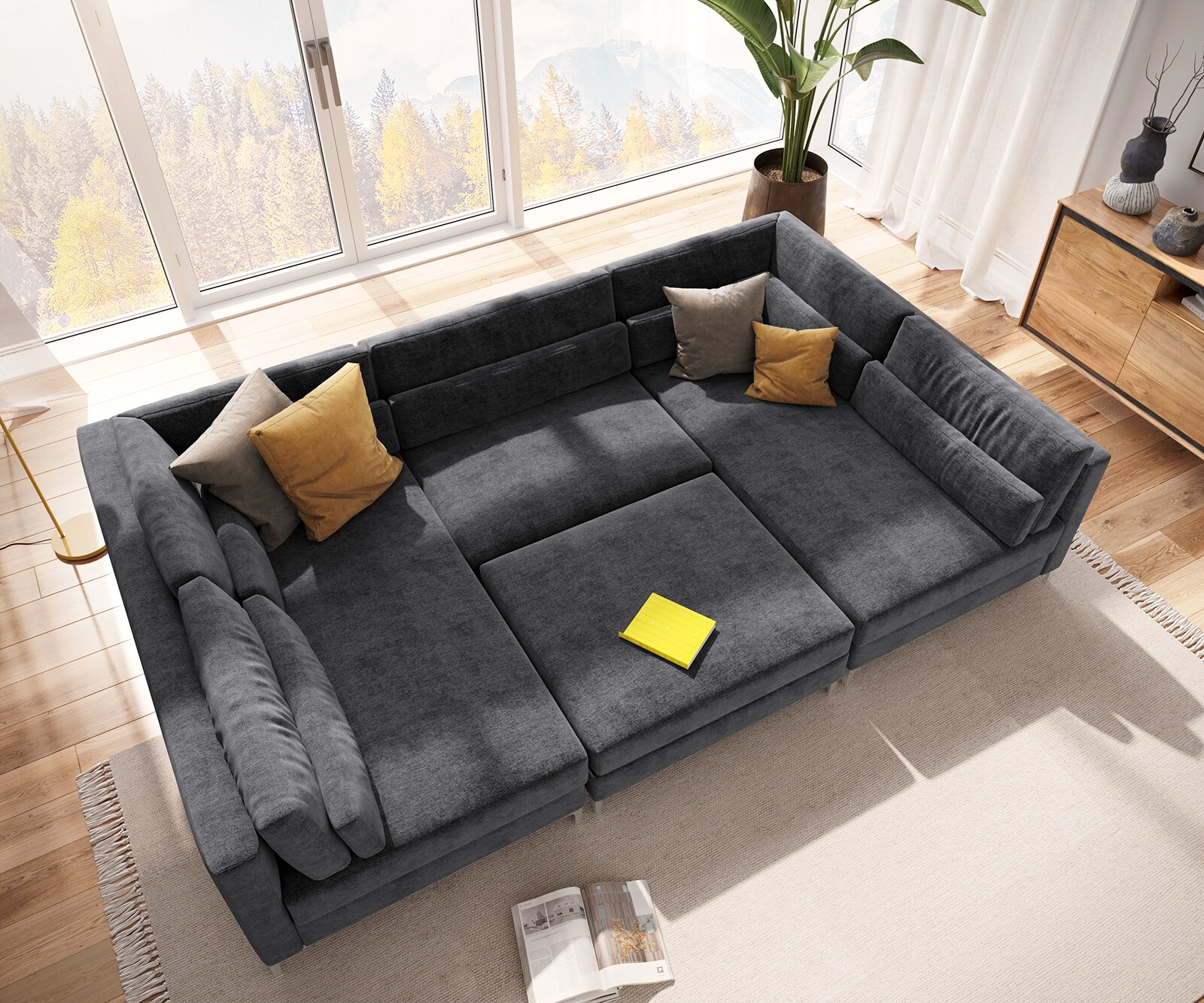 Холна гарнитура 300x185 cm Микрофибър Графитe с Табуретка Elio 5