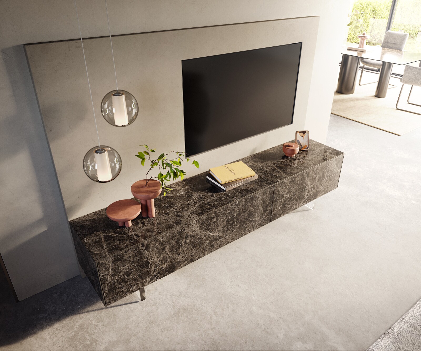 ТВ шкаф Cuor 220 см Керамика Laminam® Emperador Extra Lucidato Тъмно-кафяво 1 врата 2 чекмеджета Основа Акрилно стъкло 4