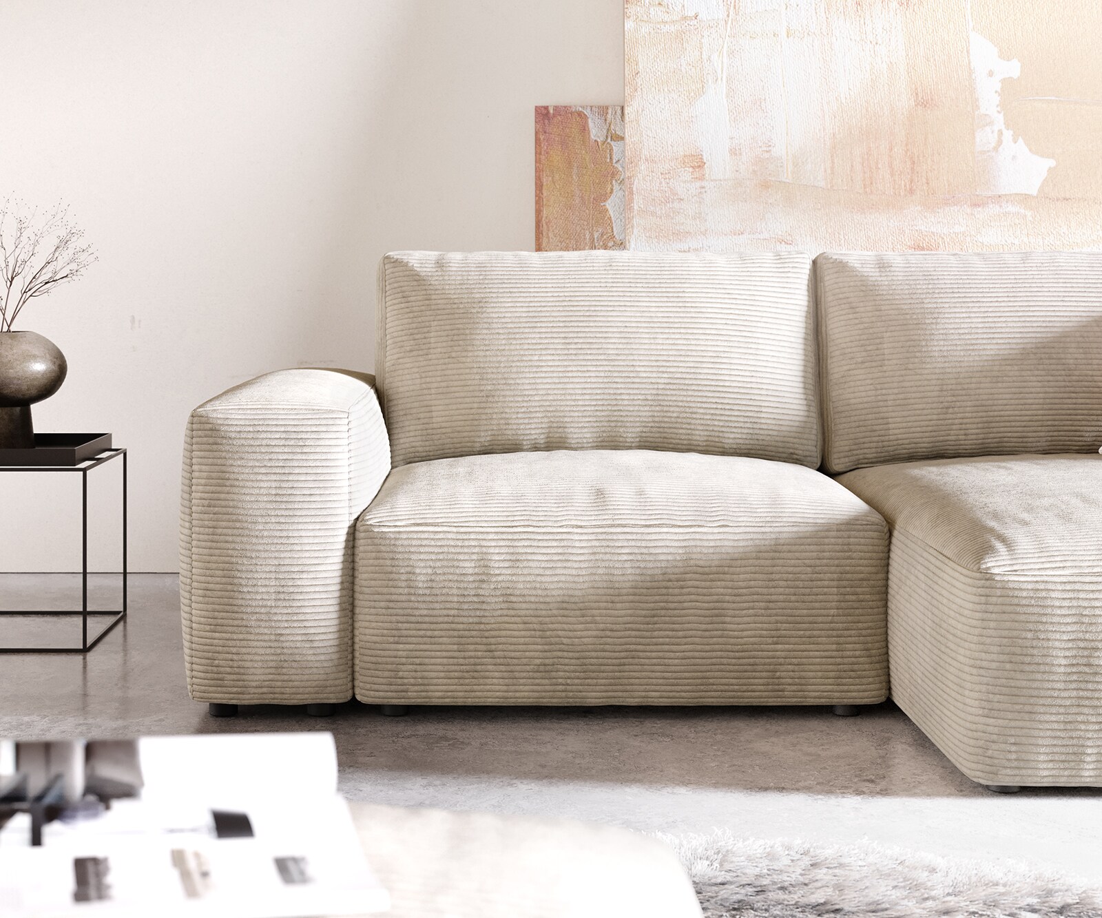 Ъглов диван Lanzo  230x155 см Рипс в бежово, Лява/Дясна Лежанка, с табуретка 4